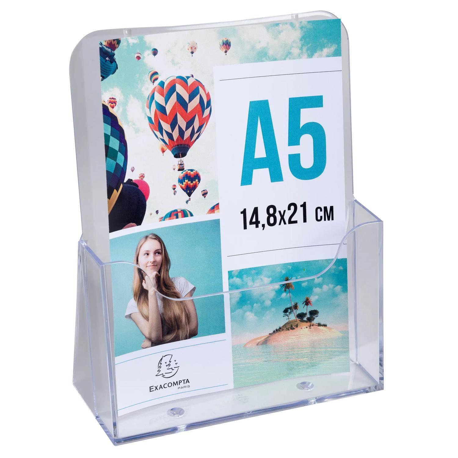 Transparenter Schreibtisch-Broschürenständer mit einem A5-Flyer mit Fotos und dem Text „A5 14,8x21 cm" und „EXACOMPTA"".