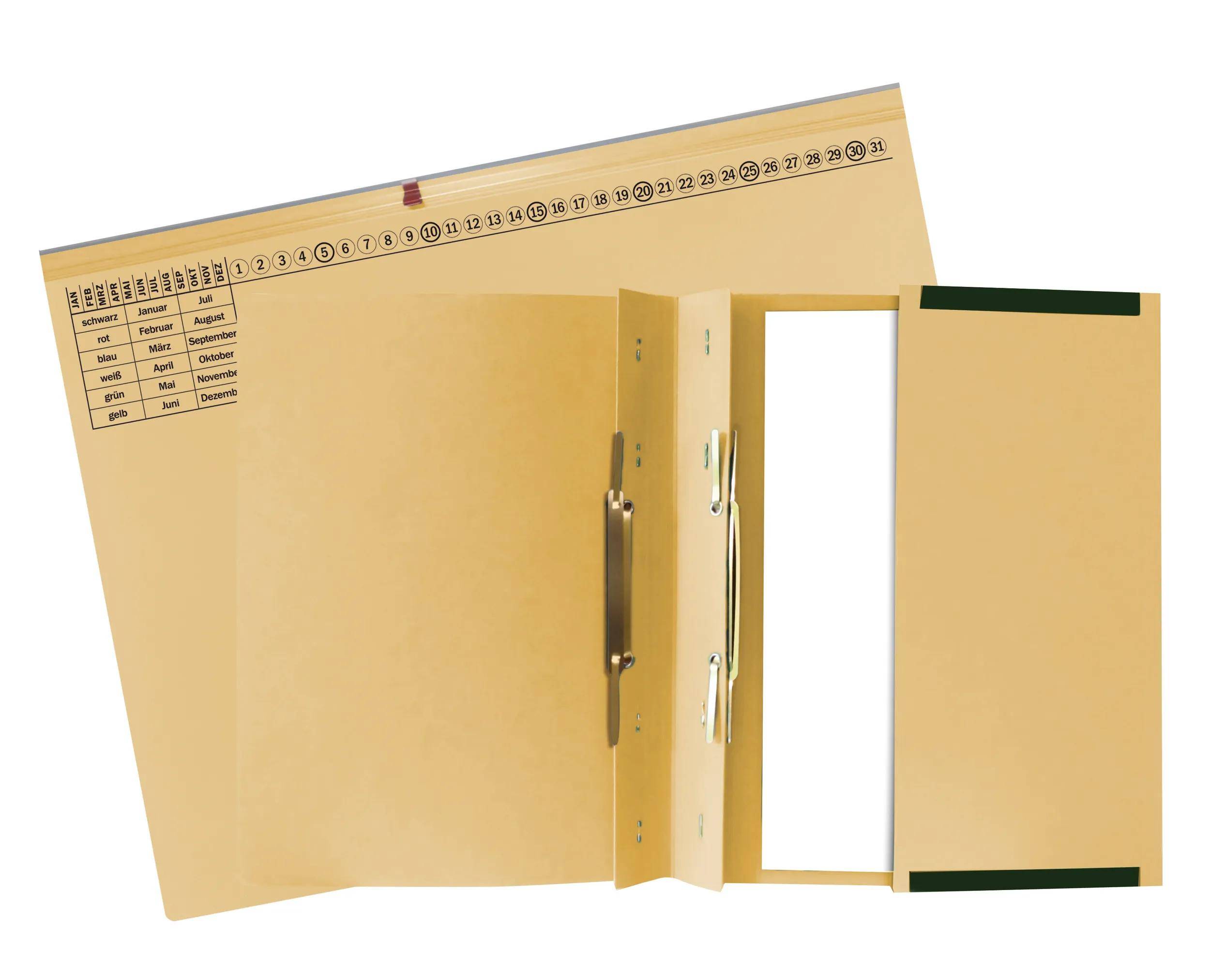 „Erweiterbare Dokumentenmappe mit nummerierten Reitern und Monatsangaben, geöffnet zur Anzeige der Fächer und einer Metallsperre, verwendet zur Dokumentenorganisation.