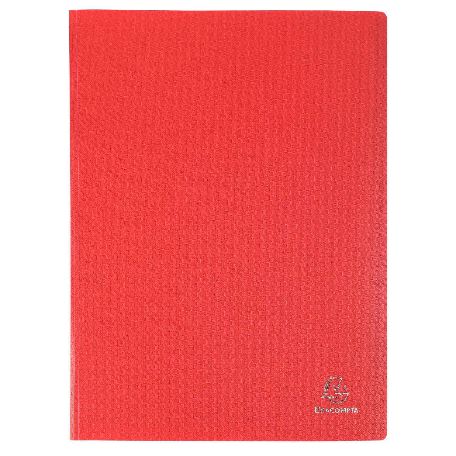 Ein einfaches rotes Notizbuch oder eine rote Mappe mit einem kleinen weißen Logo in der Nähe der unteren rechten Ecke.