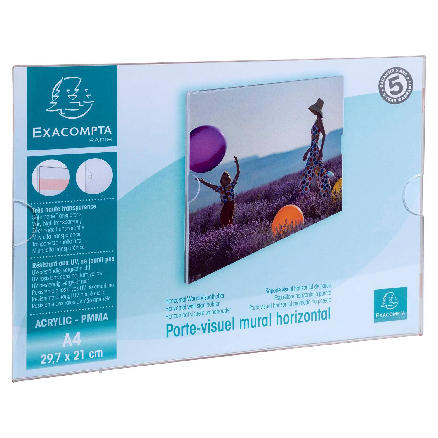 Paket für Exacompta A4 Acryl horizontales Wandanzeigerahmen mit Produktfoto und französischem Text 'Porte-visuel mural horizontal'.