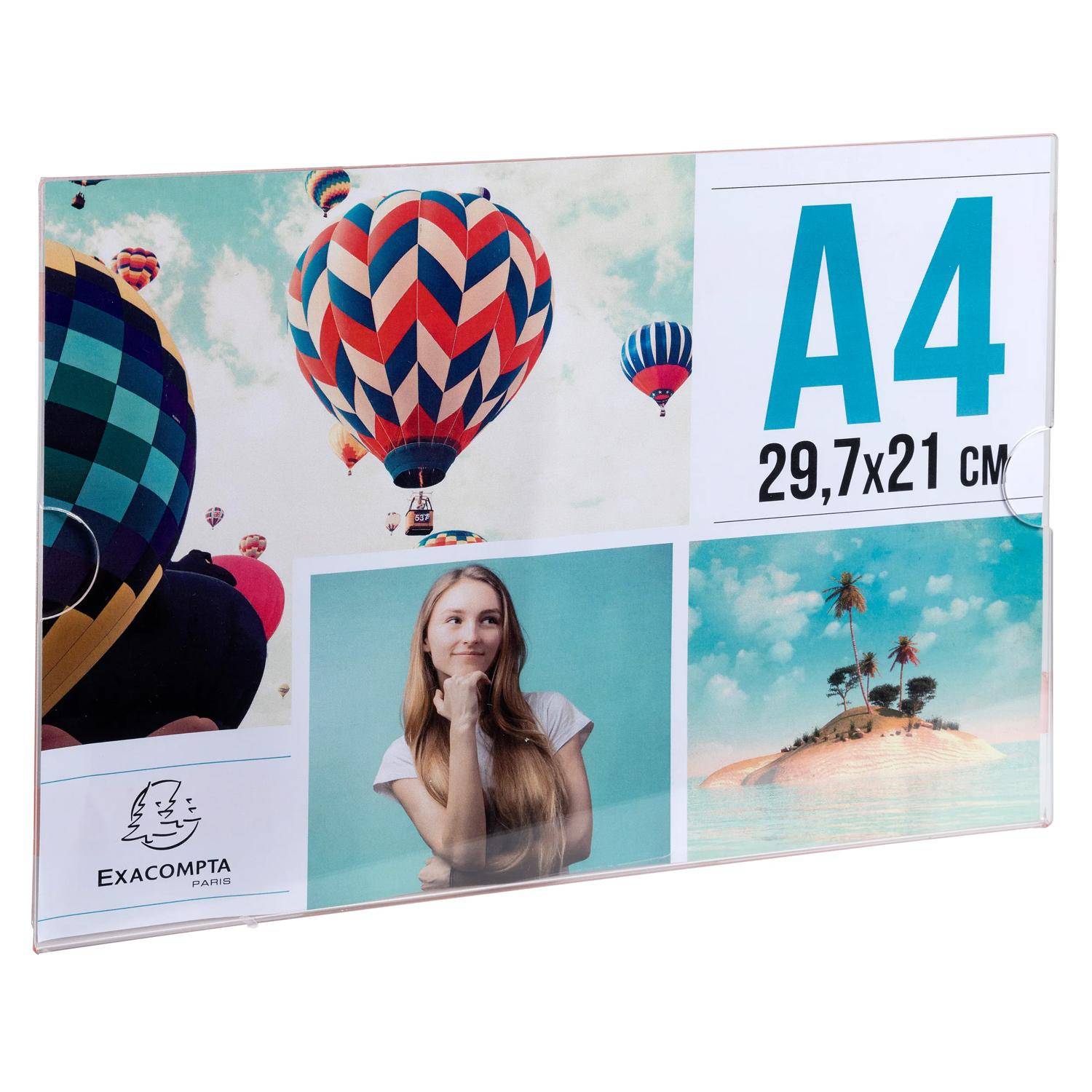 Ein durchsichtiger A4-Kunststoff-Displayrahmen mit Beispieleinsätzen: Heißluftballons, ein Porträt einer Frau, eine tropische Insel und der Text „A4 29,7 x 21 cm".