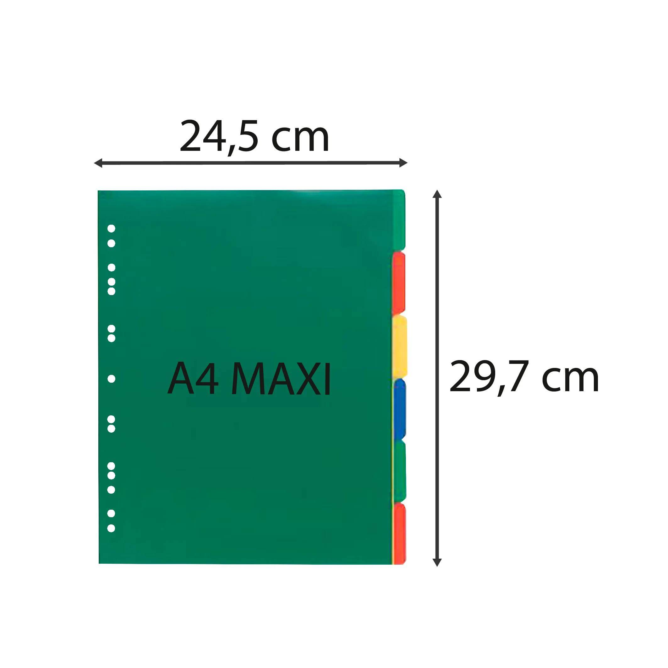 Grüner A4-Maxi-Ordnerrücken mit der Aufschrift „A4 MAXI" mit Registerreitern, dargestellt mit den Abmessungen 24,5 cm x 29,7 cm.