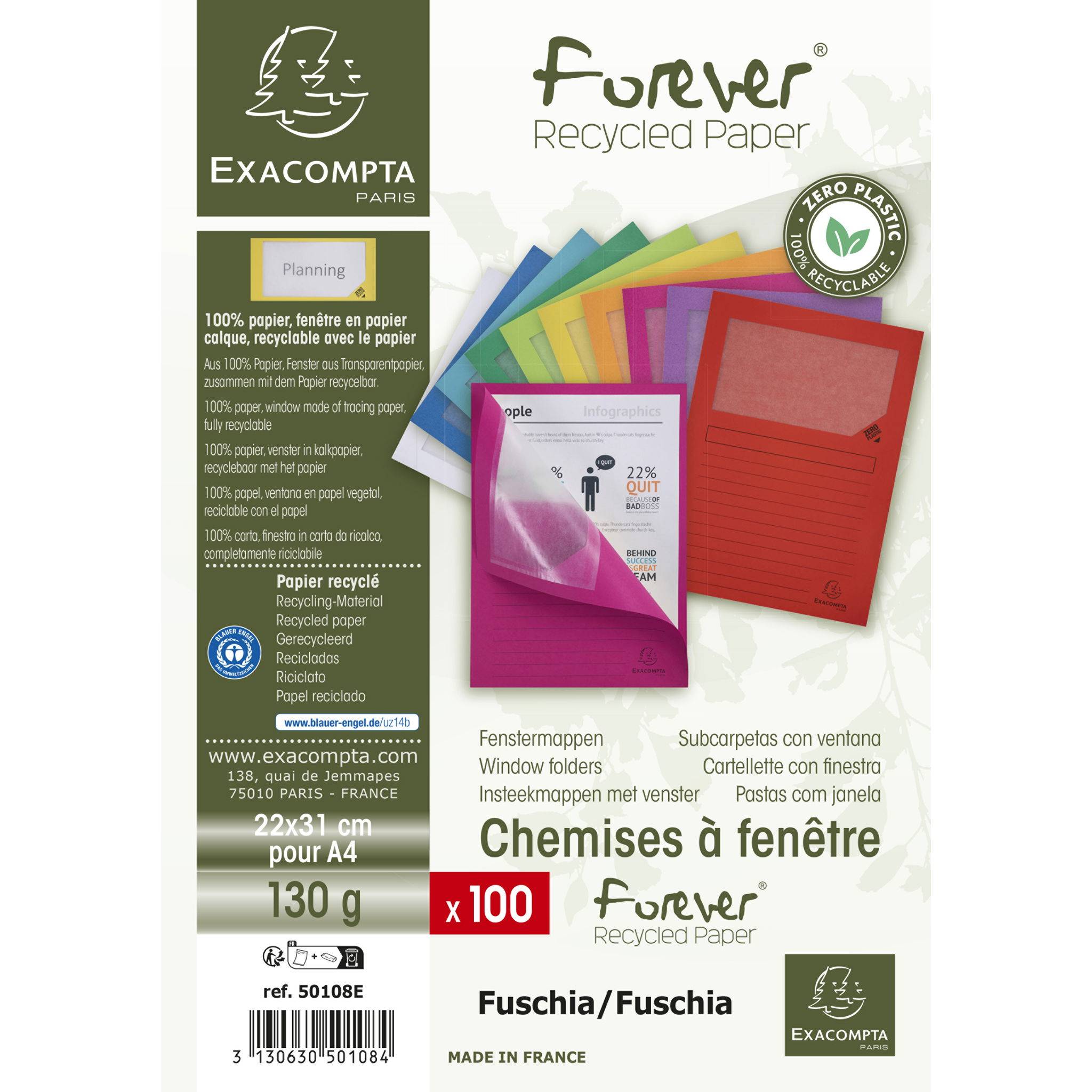 Exacompta 4x Pack 100 Fenstermappen, A4, 160g, plastikfrei, Fuchsia, 50108E