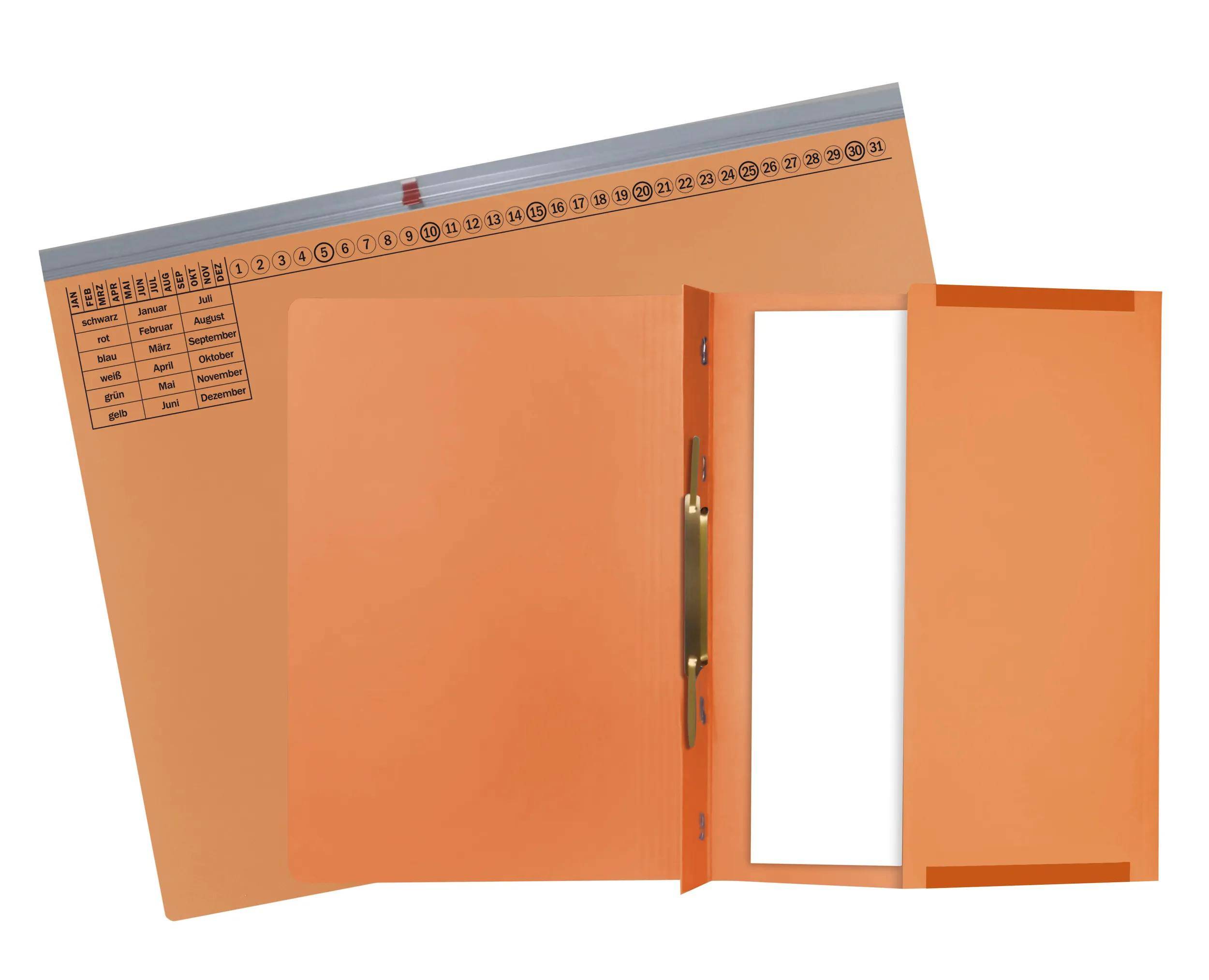 Ein orangefarbener Büroordner mit Reitern nummeriert von 1 bis 31, verwendet zur täglichen Dokumentenorganisation. Er verfügt über eine Metallklammer zum Sichern von Papieren.