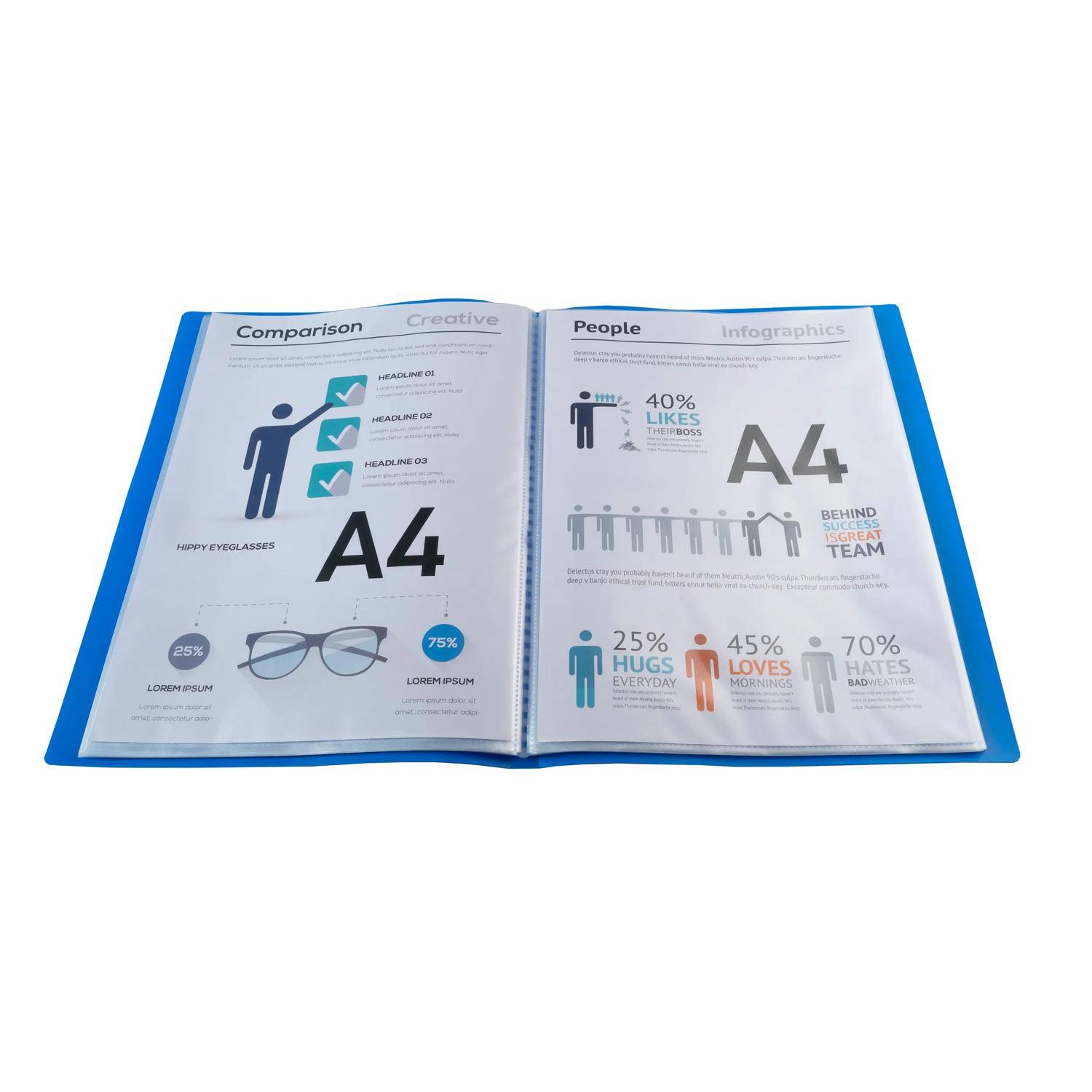 Ein offenes Infografik-Broschüre zeigt Vergleich und Personendaten auf zwei Seiten mit großem "A4""-Text, Symbolen, Prozentsätzen und Diagrammen.