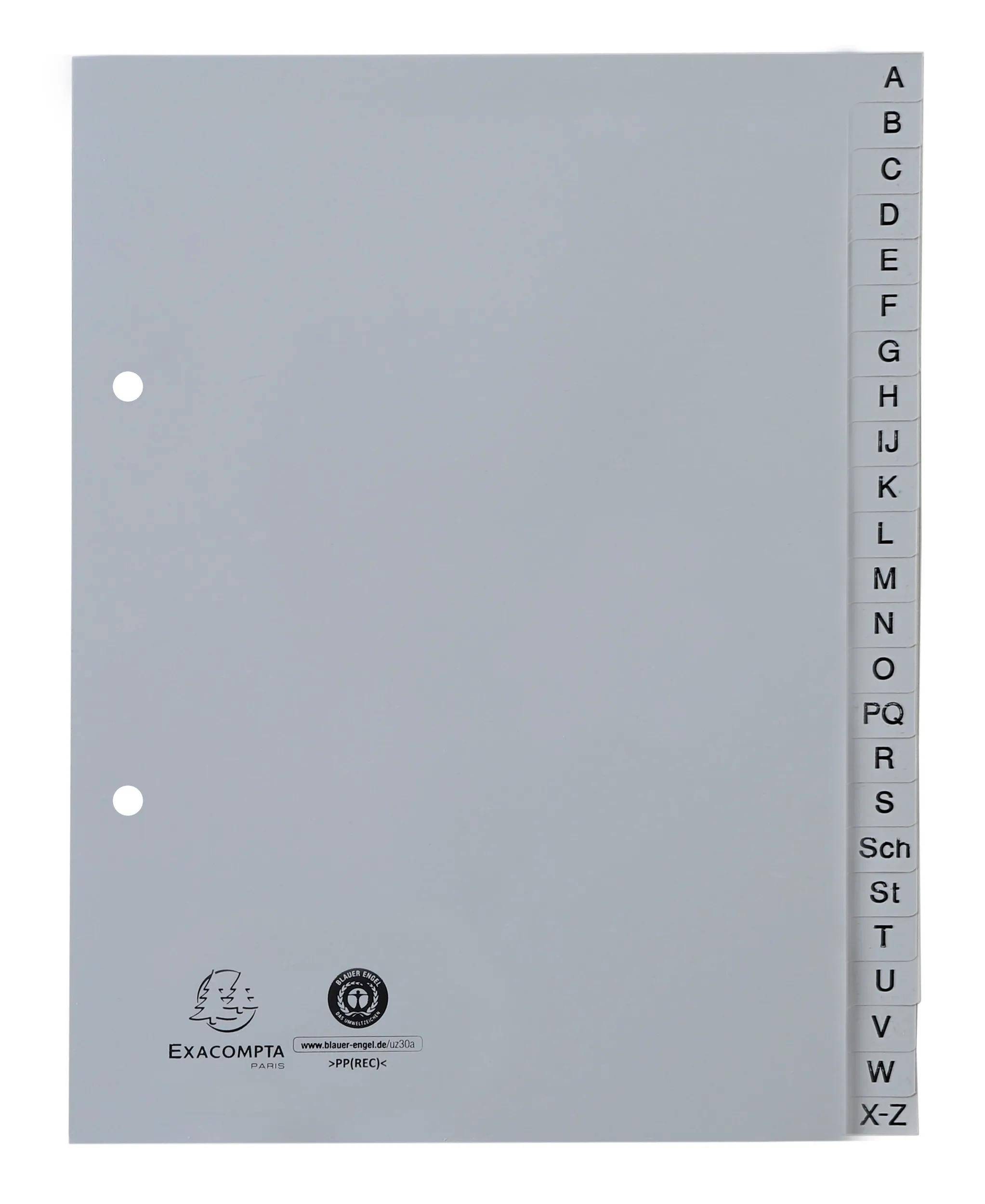 Grauer Registerblatt mit beschrifteten Registern von A bis Z und zusätzlichem Register 