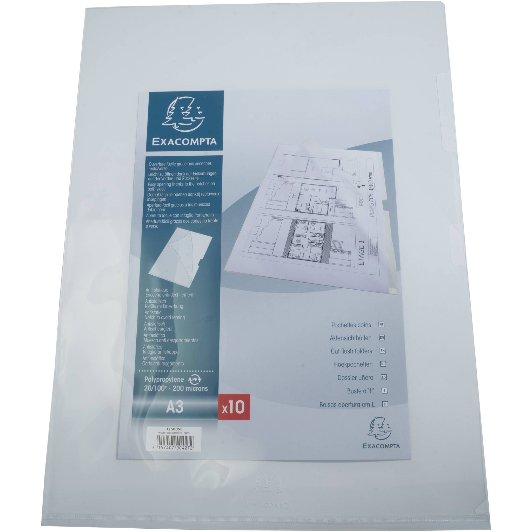 Exacompta 5x Pack 10 Aktensichthüllen PP 200µ A3 senkrecht Kristall 325005E
