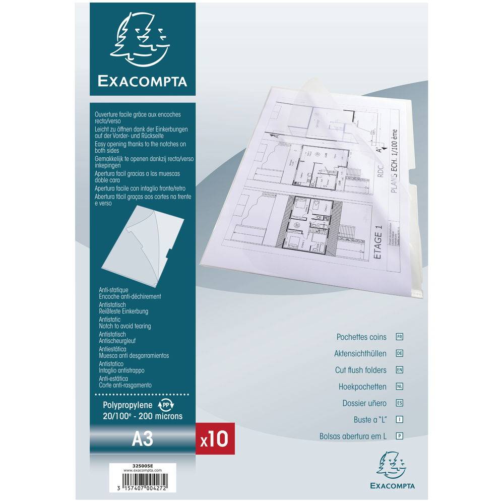 Exacompta 5x Pack 10 Aktensichthüllen PP 200µ A3 senkrecht Kristall 325005E