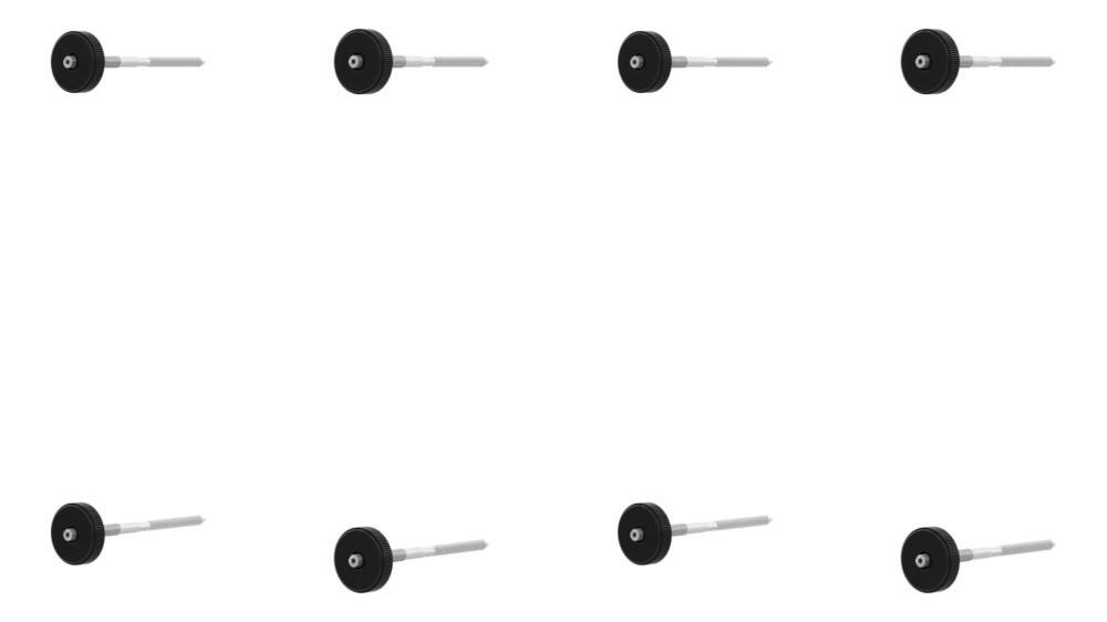 Vier schwarze Gummiräder mit Metallstangen sind in einem Rastermuster vor weißem Hintergrund angeordnet. Jedes Rad hat eine sichtbare zentrale Nabe.