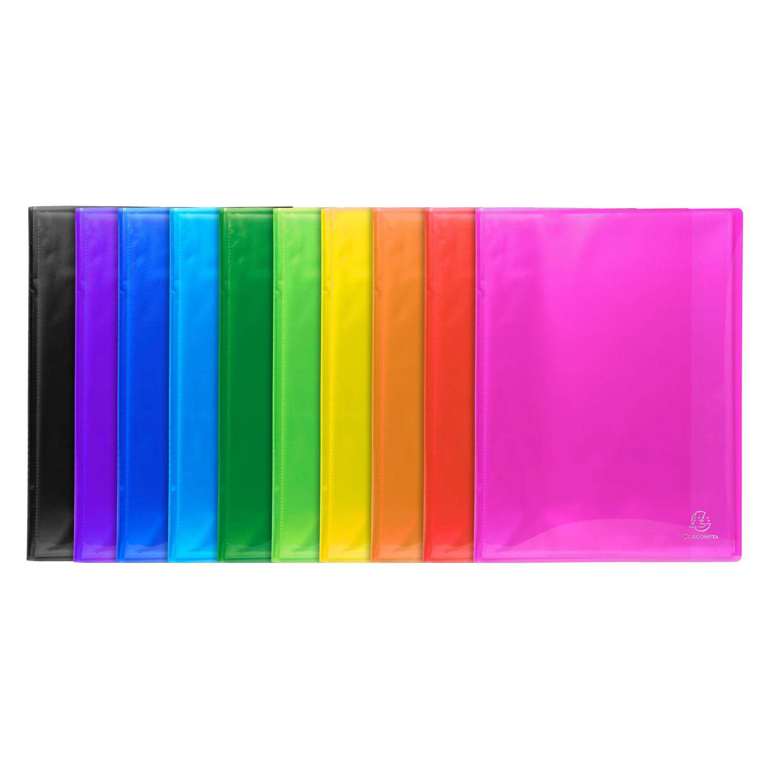 Reihe von farbenfrohen durchscheinenden Mappen oder Dokumentenhüllen, die nach Farbe von Schwarz bis Rosa auf weißem Hintergrund angeordnet sind.