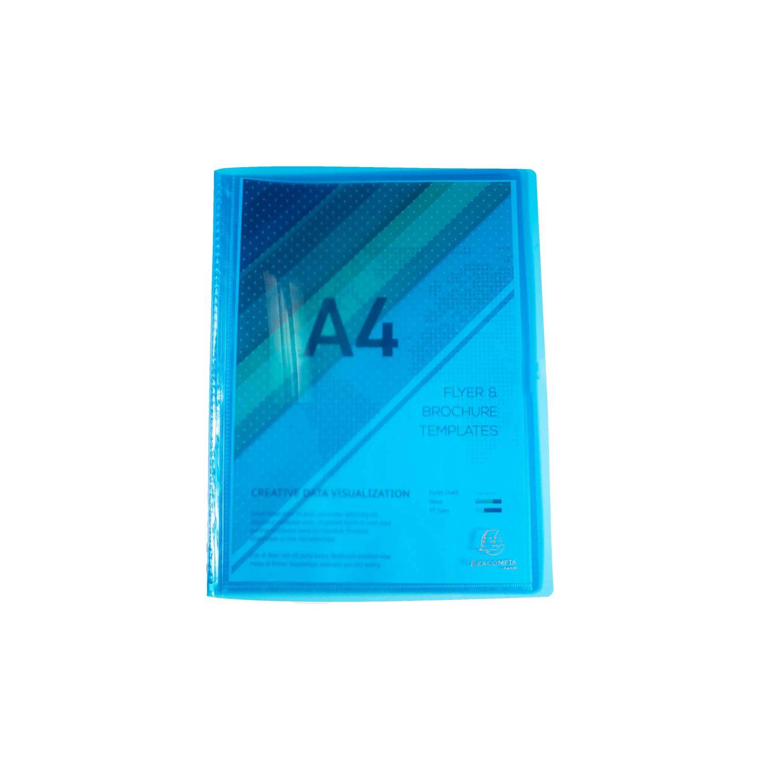Blauer durchsichtiger A4-Ordner oder Dokumentenhülle mit diagonalen Streifen und Titeltext „A4" und „FLYER & BROSCHÜREN-VORLAGEN"".