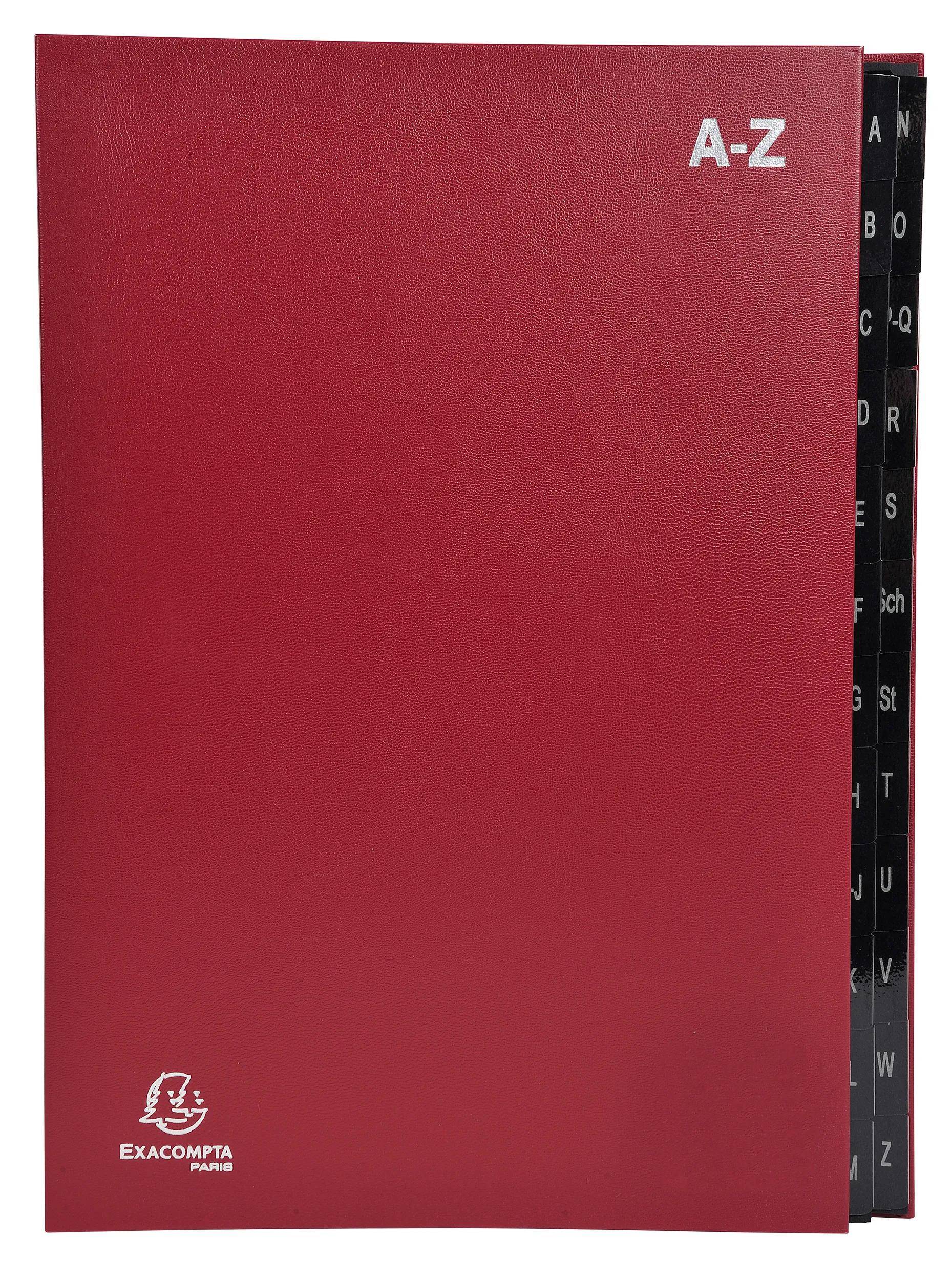 Ein rot gebundenes Adressbuch mit alphabetisierten Reitern auf der rechten Seite.