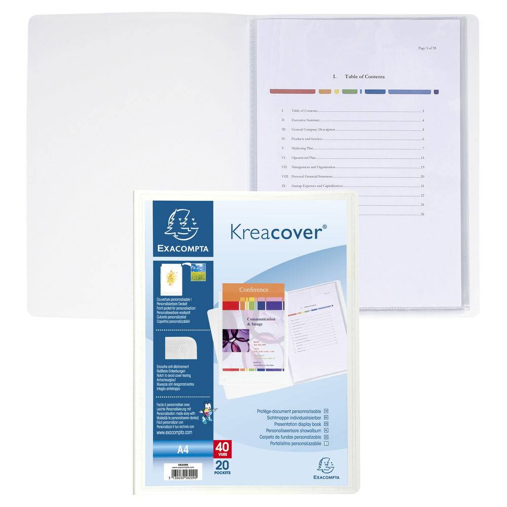 Exacompta 20x Sichtmappe festem PP 800µ + 20 Hüllen Kreacover, A4, Weiß, 58209E