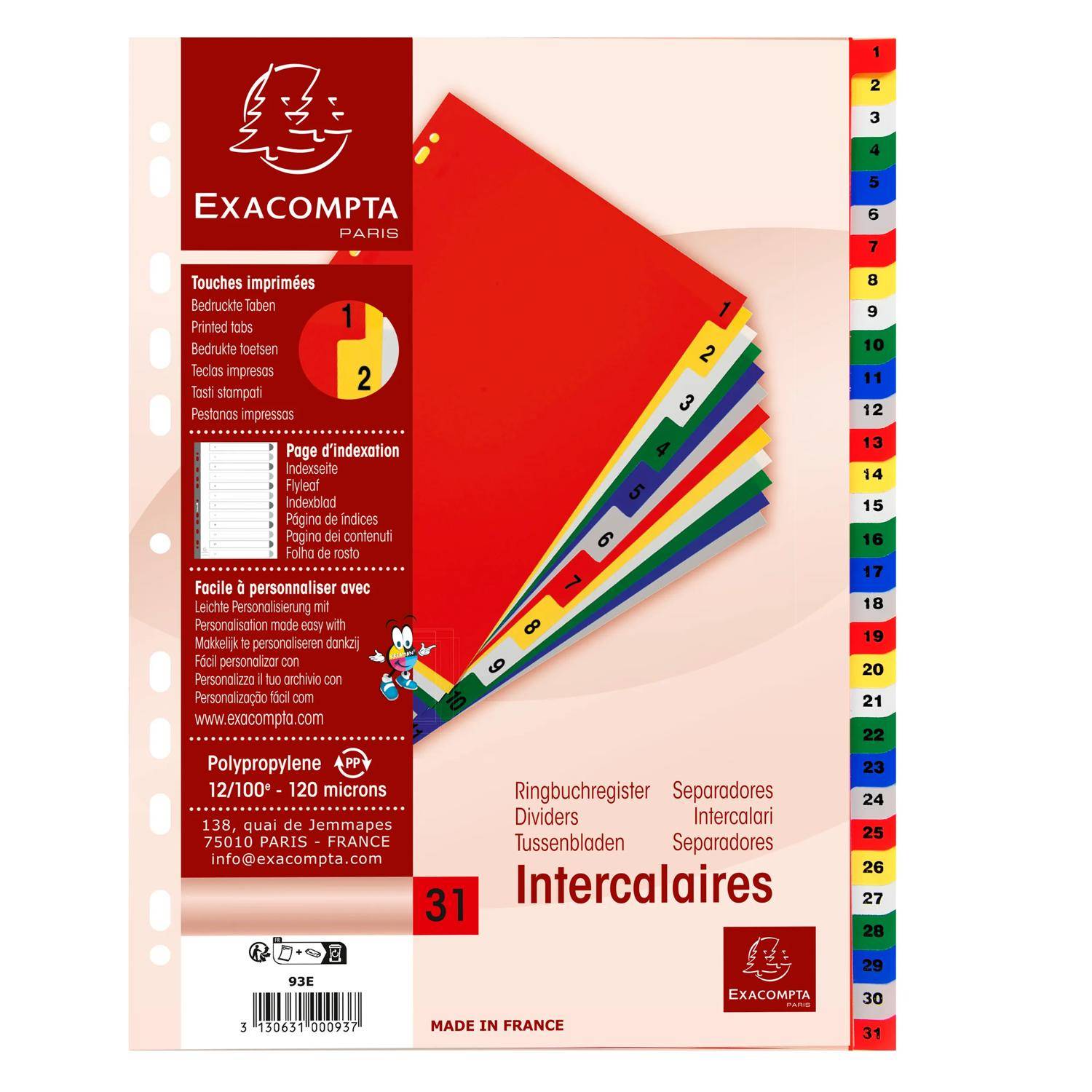 Exacompta Ringbuch-Registerkartenset mit 31 farbigen nummerierten Registern, dargestellt in Fächerform und auf einem vertikalen Registerstreifen.