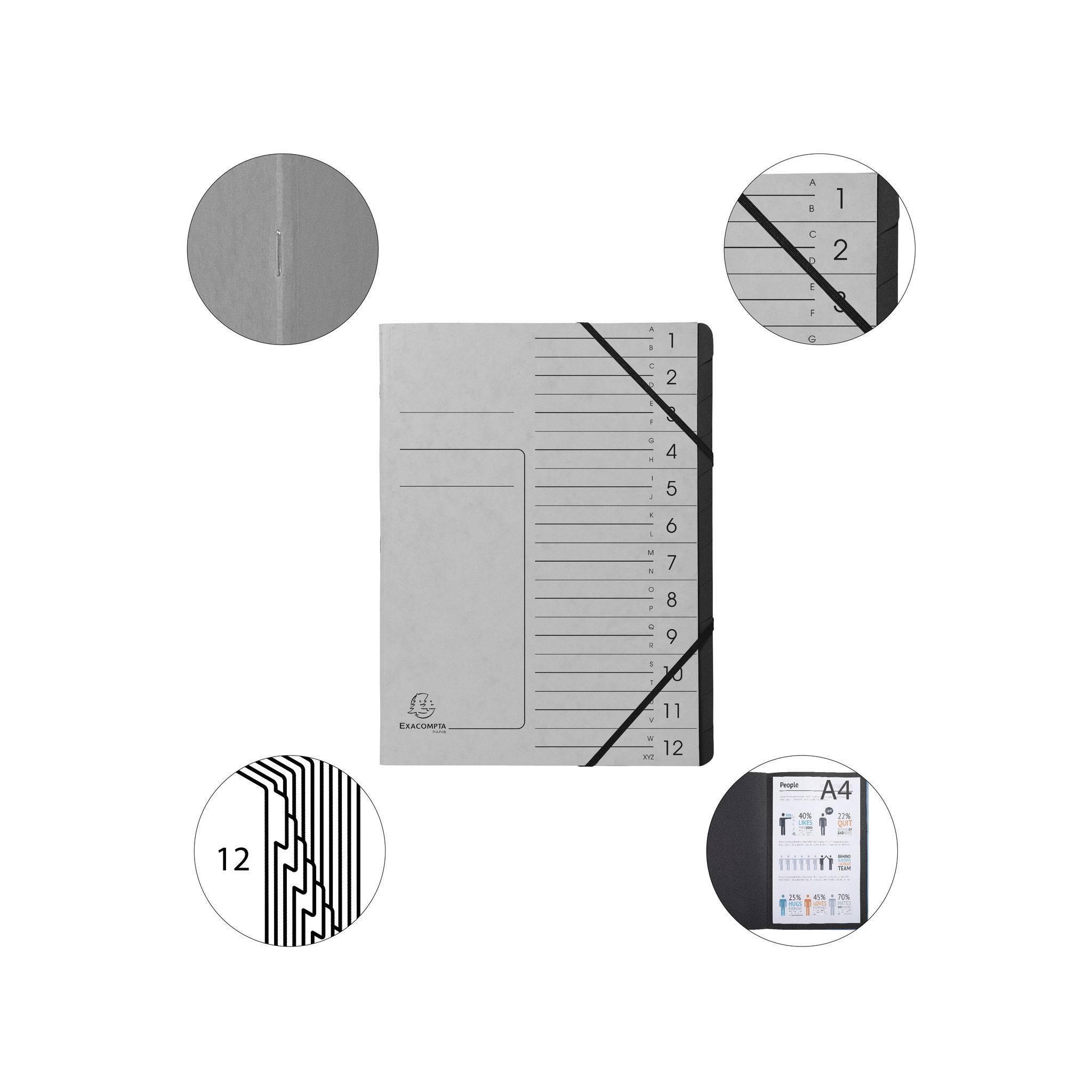 Exacompta 10x Ordnungsmappe + Gummizug innen schwarz 12 Fächer A4 Grau 541211E