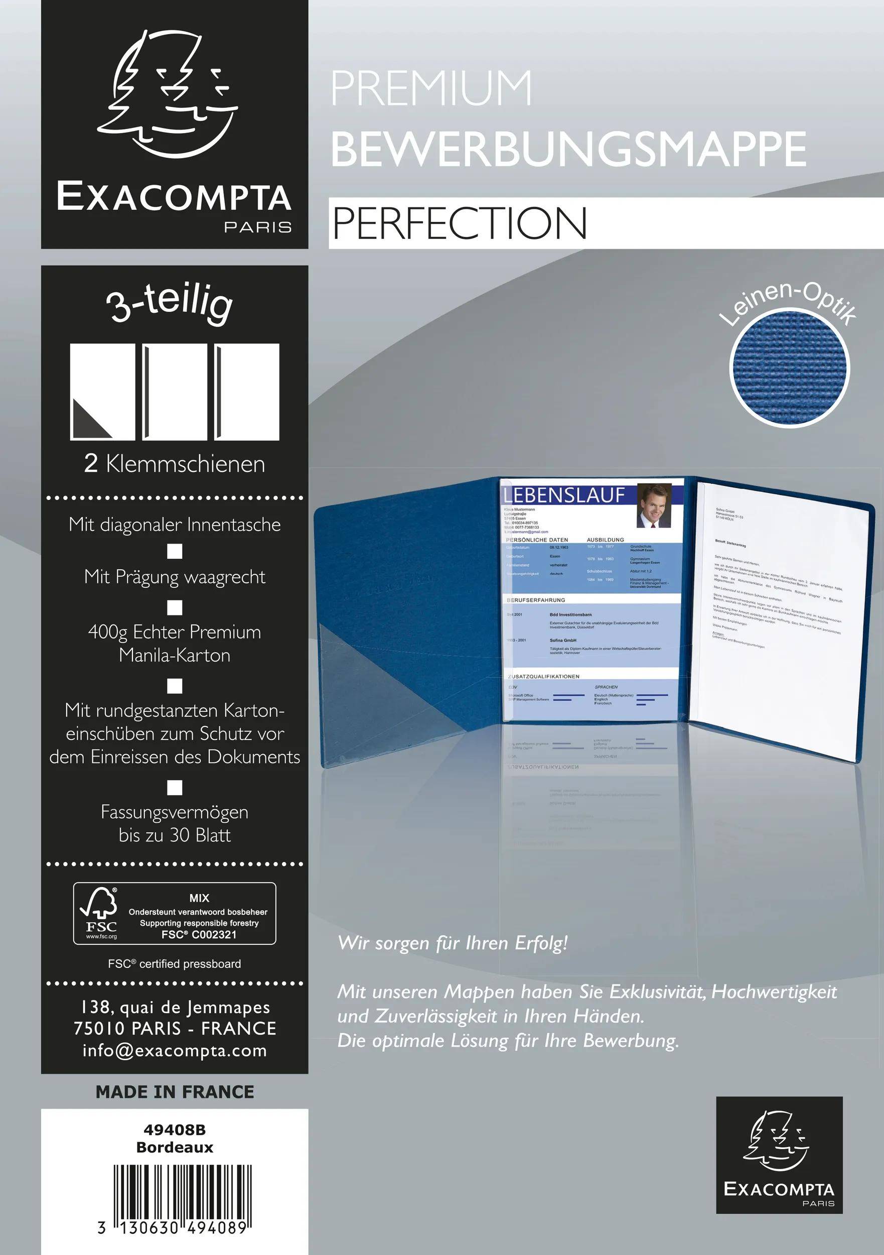 Exacompta 10x Bewerbungsmappe Karton Leinenoptik 2 Klemmschienen A4 Rot 49408B