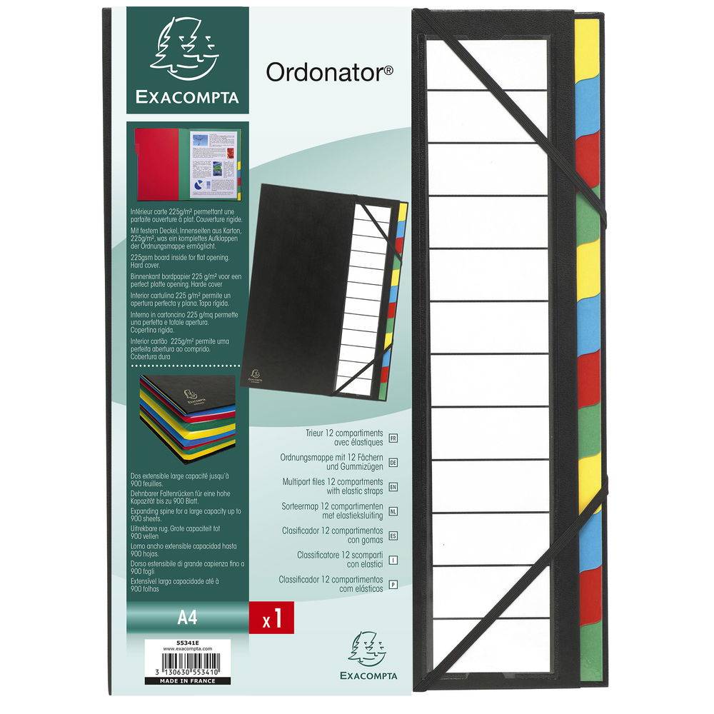 Exacompta 6x Ordnungsmappe Deckel 3mm Gummizug 12 Fächer A4 Schwarz 55341E