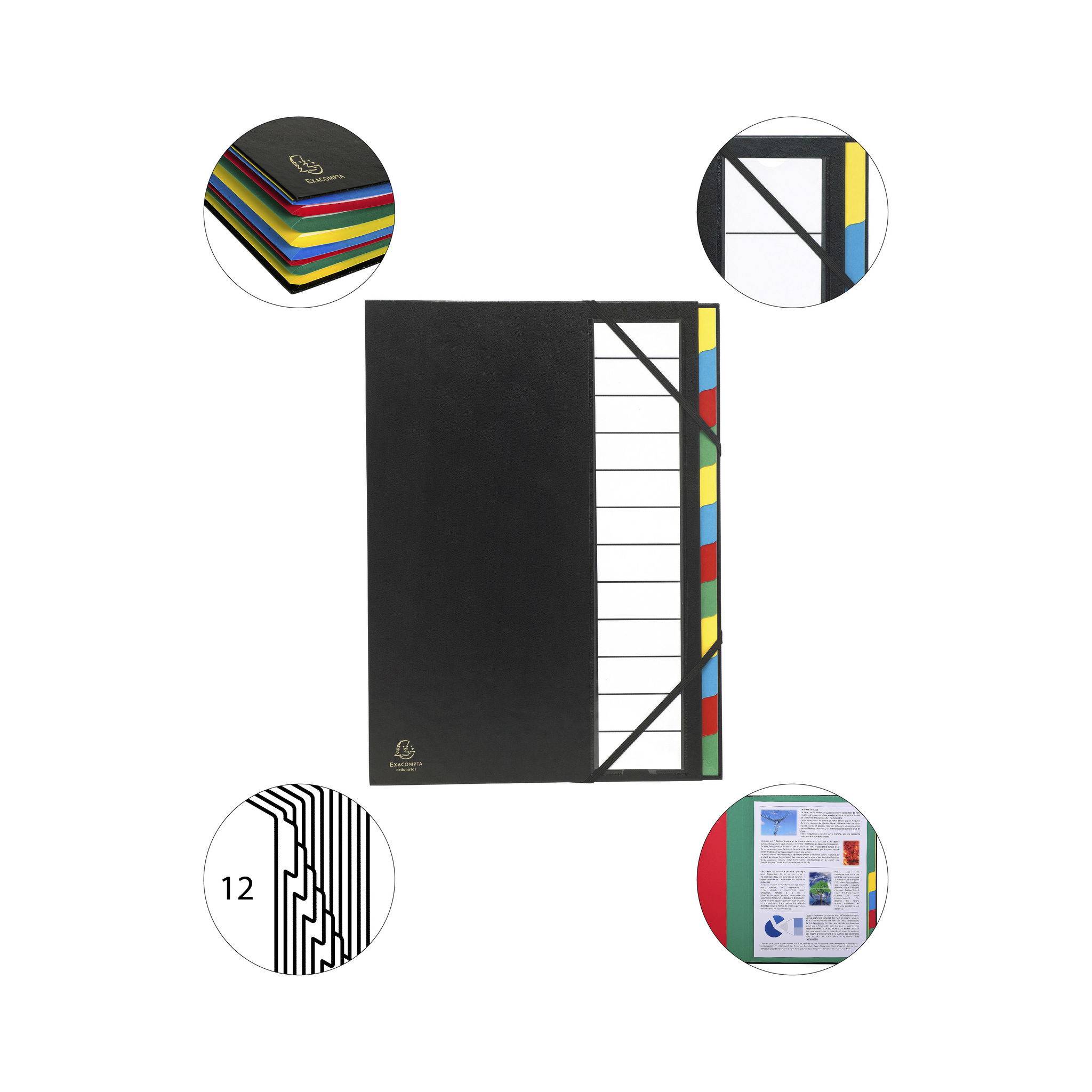 Exacompta 6x Ordnungsmappe Deckel 3mm Gummizug 12 Fächer A4 Schwarz 55341E