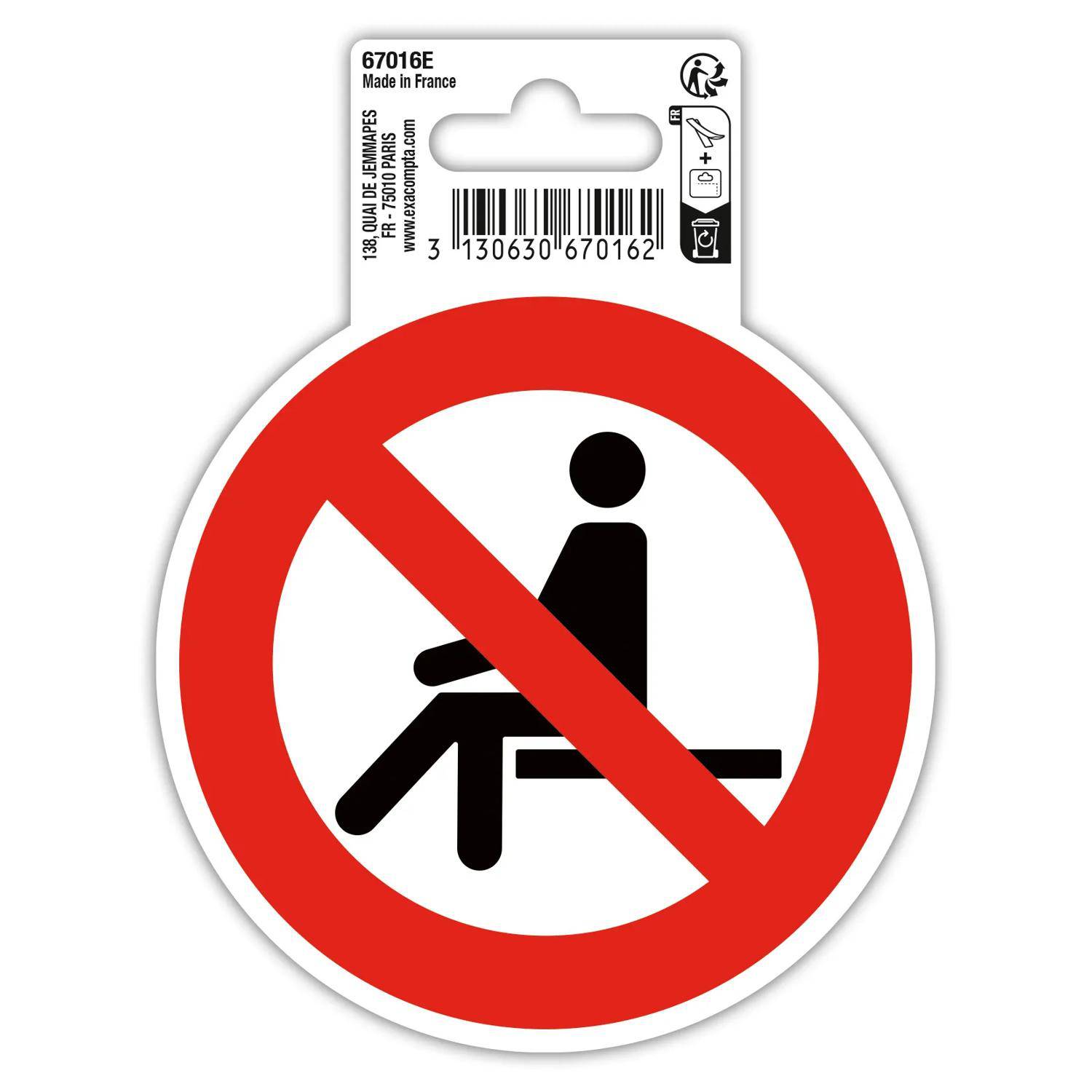 Kein-Sitzen-Symbol auf einem roten Verbotsschild, mit Produktetikett und Barcode oben.