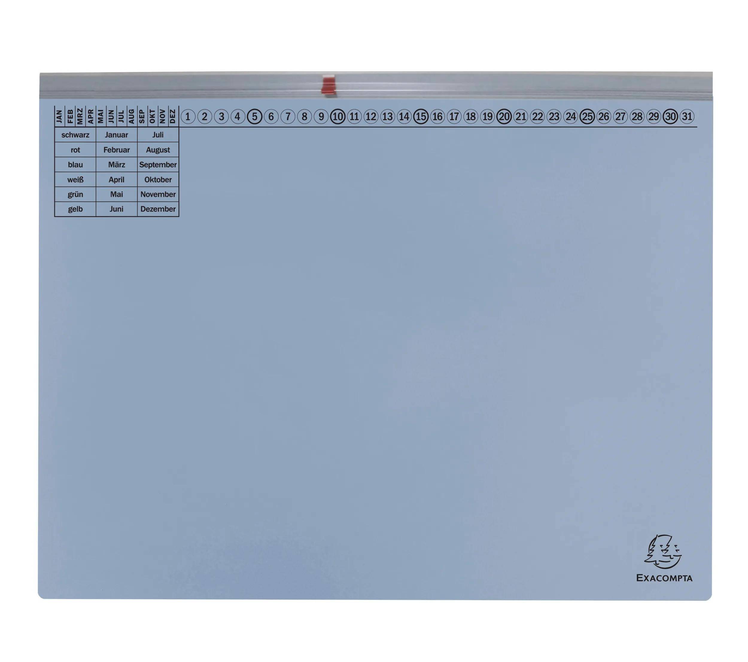 Eine Kalendertafel zeigt Tage, nummeriert von 1 bis 31, in Reihen angeordnet, mit Monaten in deutscher Sprache aufgelistet und farbcodiert: 'rot', 'blau', 'weiß', 'grün', 'gelb'.