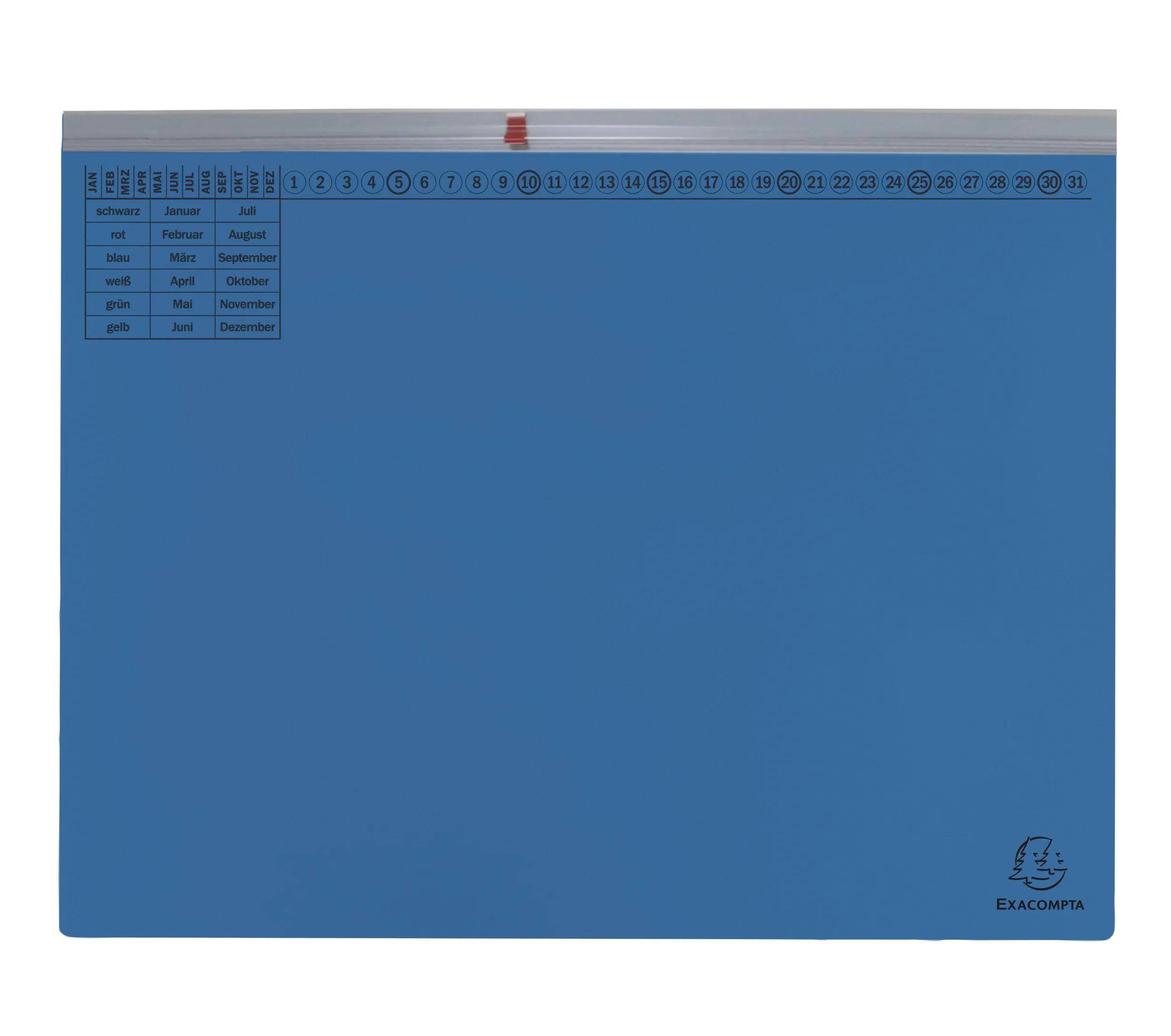 Eine blaue Kalendaseite mit nummerierten Tagen von 1 bis 31 mit Monatsnamen auf Deutsch, Englisch und Französisch.
