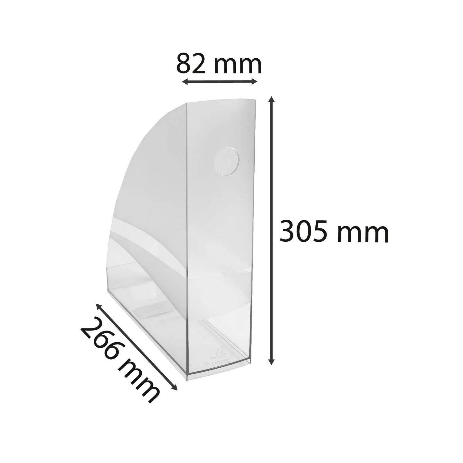 Produktabmessungsskizze einer durchscheinenden rechteckigen Box: 305 mm Höhe, 82 mm Breite und 266 mm Tiefe.