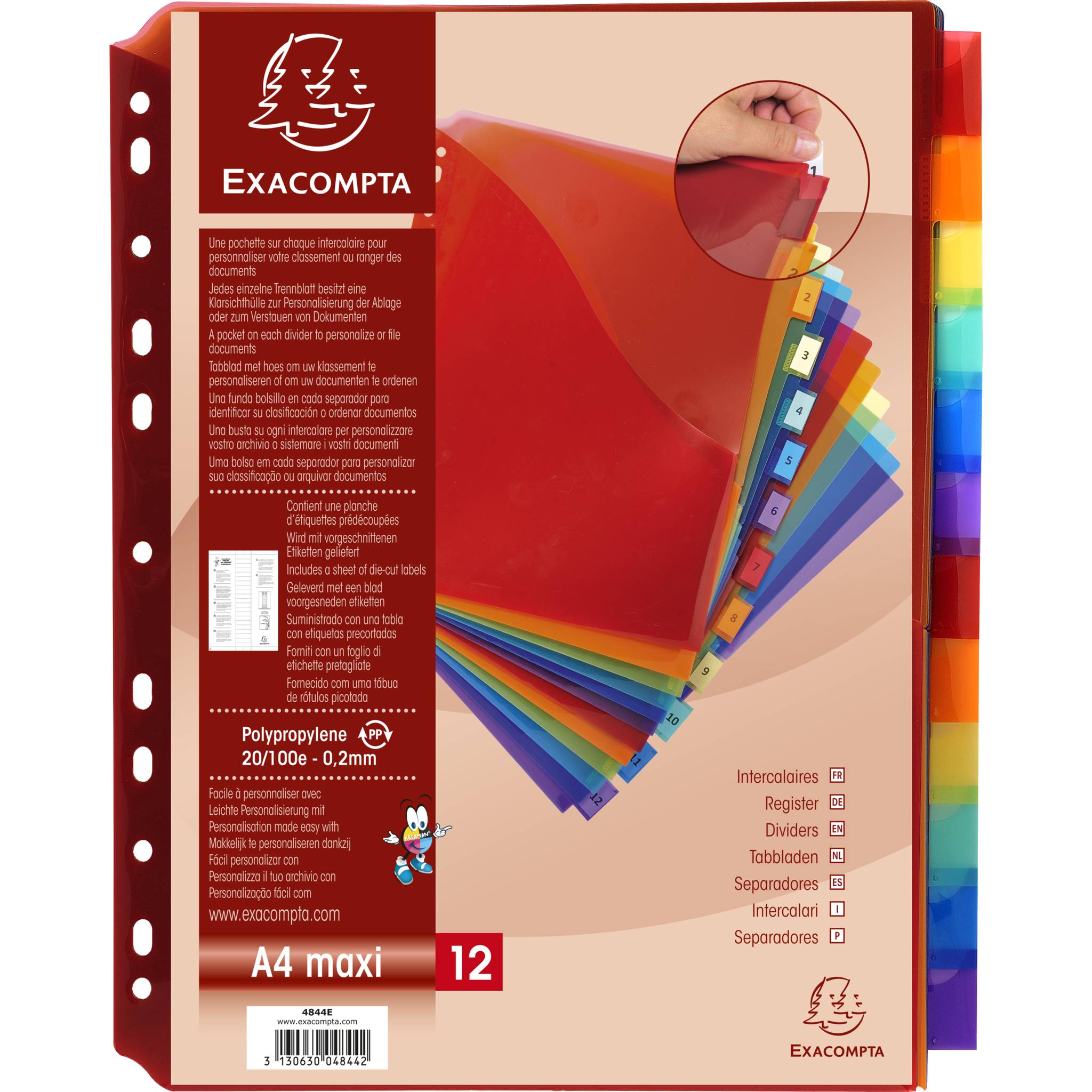 Exacompta 10x Registerhüllen Exactive aus PP 200µ, 12 Taben, DIN A4 Maxi - 4844E