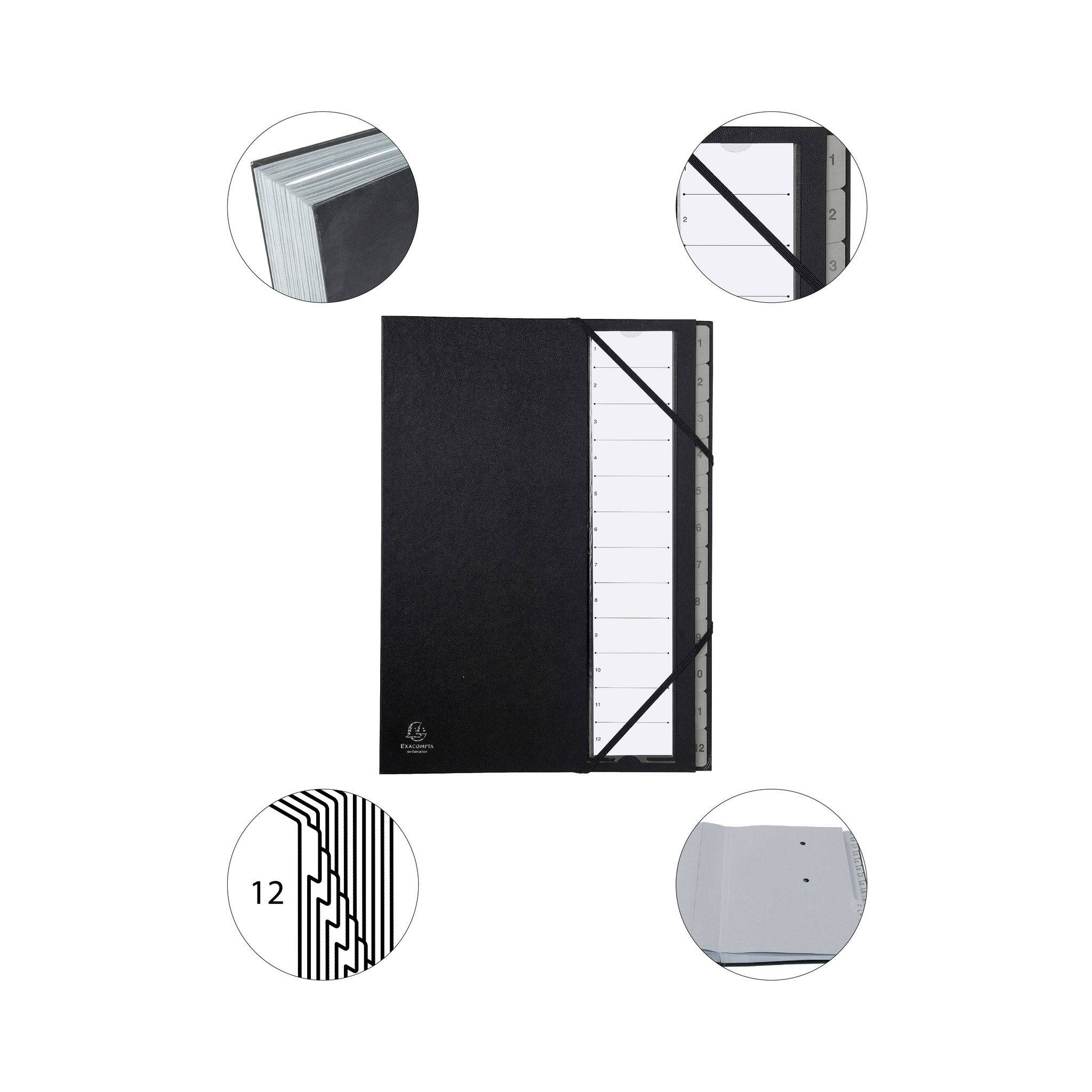 Exacompta 12x Ordnungsmappe Gummizug 12 Fächer 1-12 Ordonator A4 Schwarz 56012E