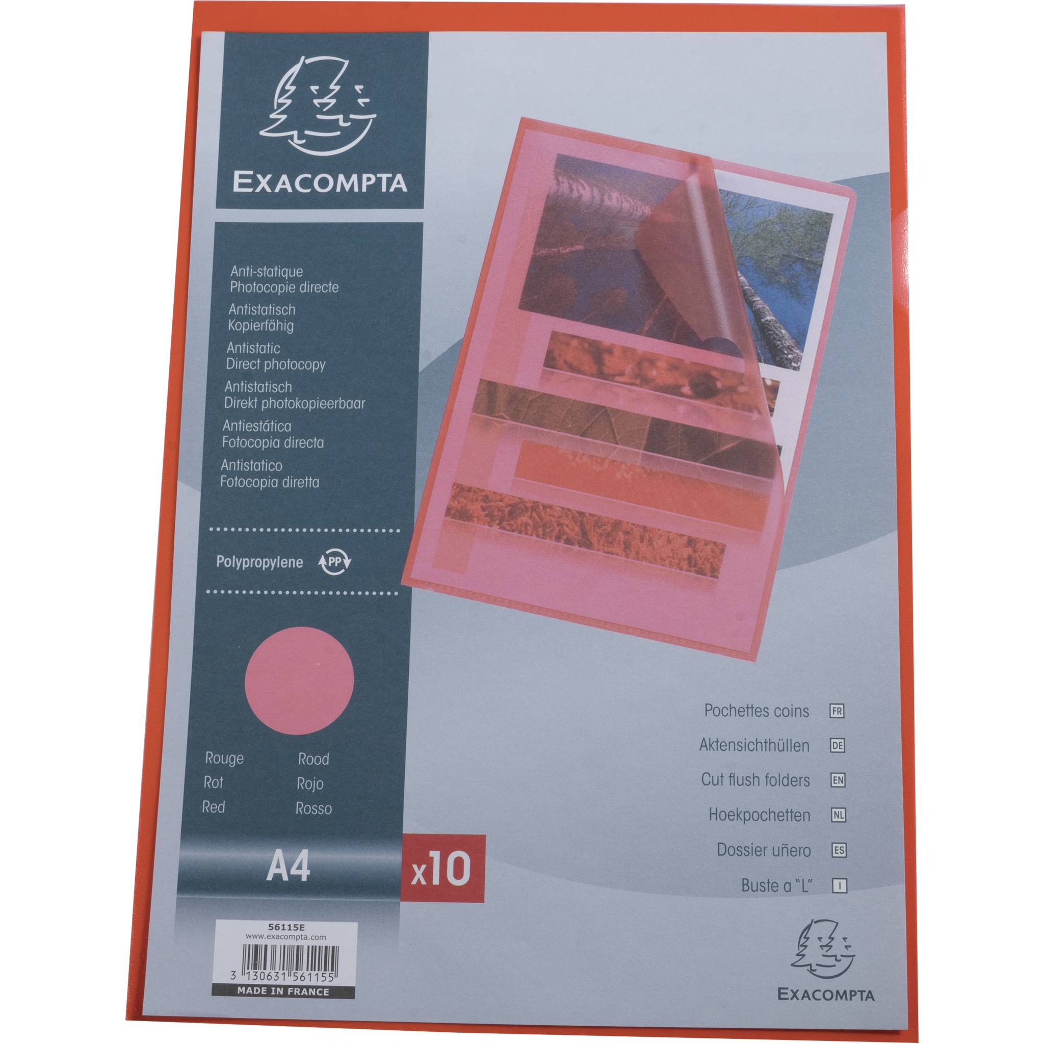 Exacompta 10x Pack 10 Aktensichthüllen genarbtem PP 120µ, A4, Rot, 56115E