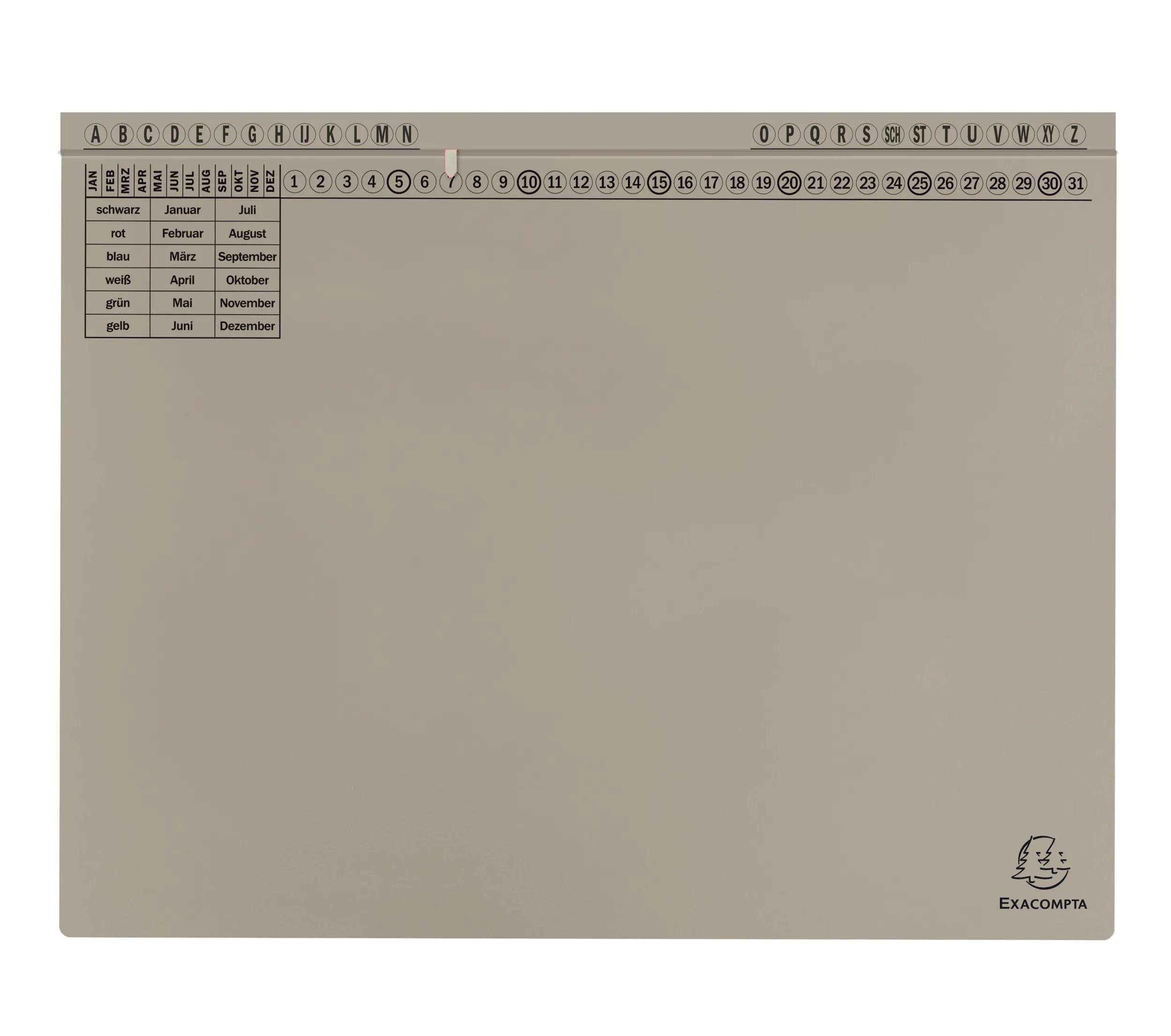 Ein Schreibtischunterlage mit monatlicher Übersicht zur Planung. Zeigt Buchstaben A-Z und Nummern 1-31 für Tage mit Platz für Notizen. Logo unten rechts.