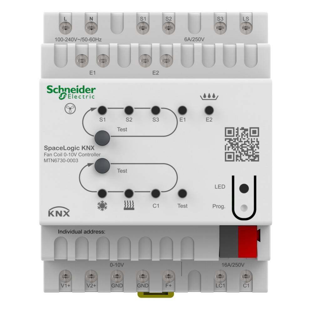 Schneider Electric SpaceLogic KNX Fan Coil 0-10V Controller. Merkmale mit Steckplätzen für E1 bis E3 Eingänge, Testschaltern und einer LED-Anzeige.