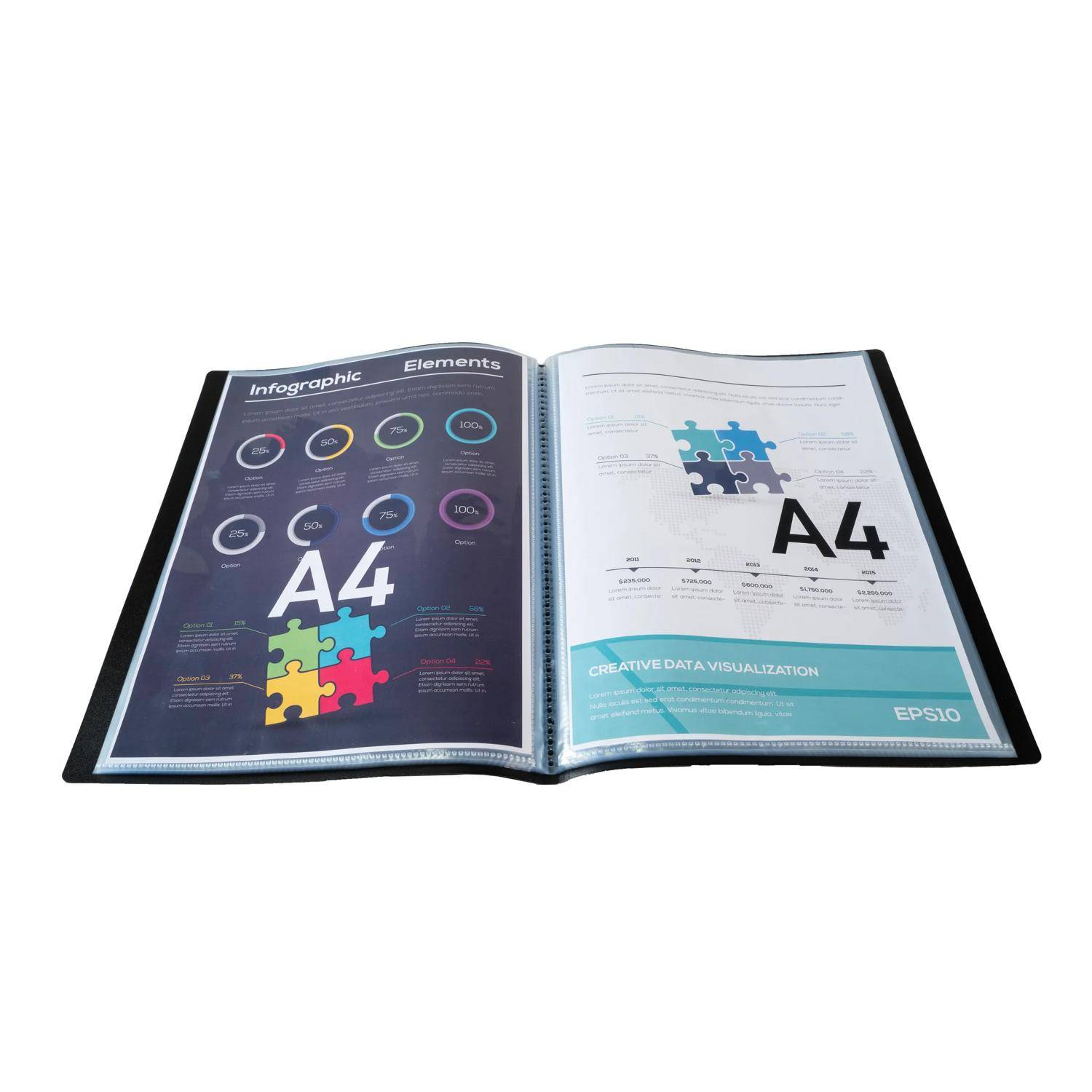 # Offene A4-Broschüre zeigt Infografik-Layouts mit dunkelblau linker Seite, heller rechter Seite, Puzzlestück-Grafiken und Text "KREATIVE DATENVISUALISIERUNG"".