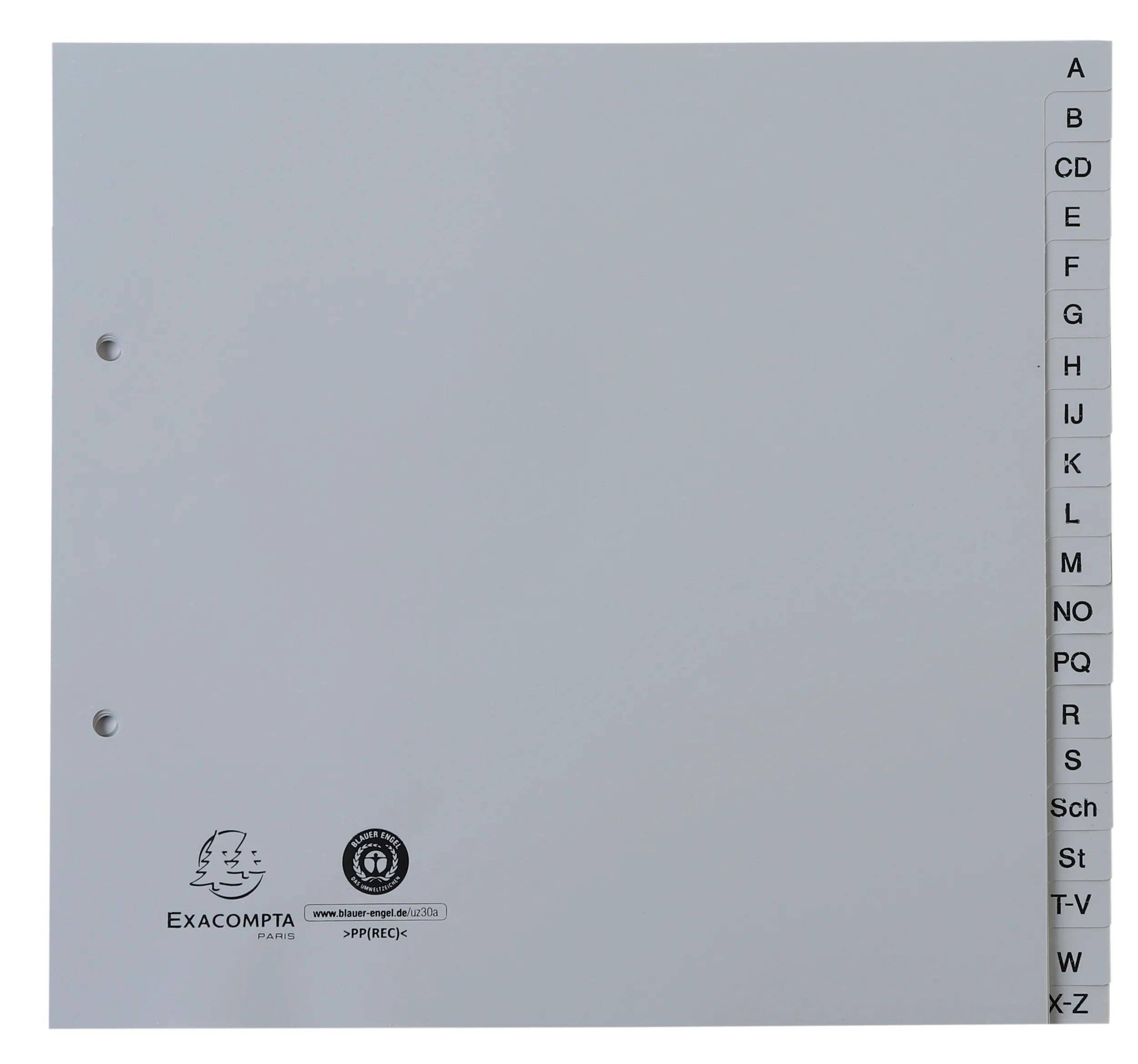 Ein weißer Ordnerindex mit alphabetischen Reitern von A-Z auf der rechten Kante, mit dem Markenlogo 'Exacompta' unten links.