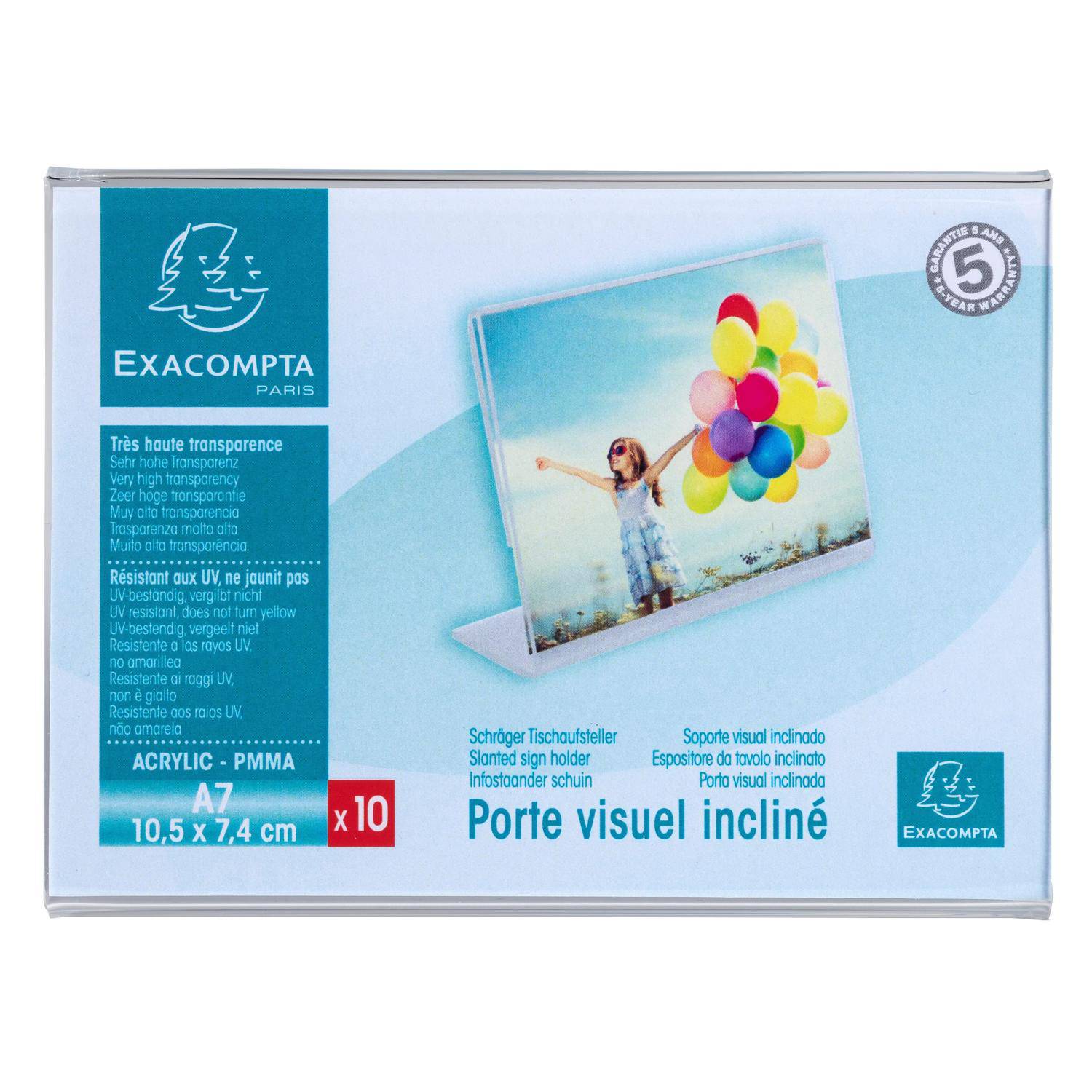 Verpackungskarton für Exacompta Acryl A7 geneigte Schildhalter, 10er Pack, mit einer Beispielausstellung mit einem Foto und Ballons.