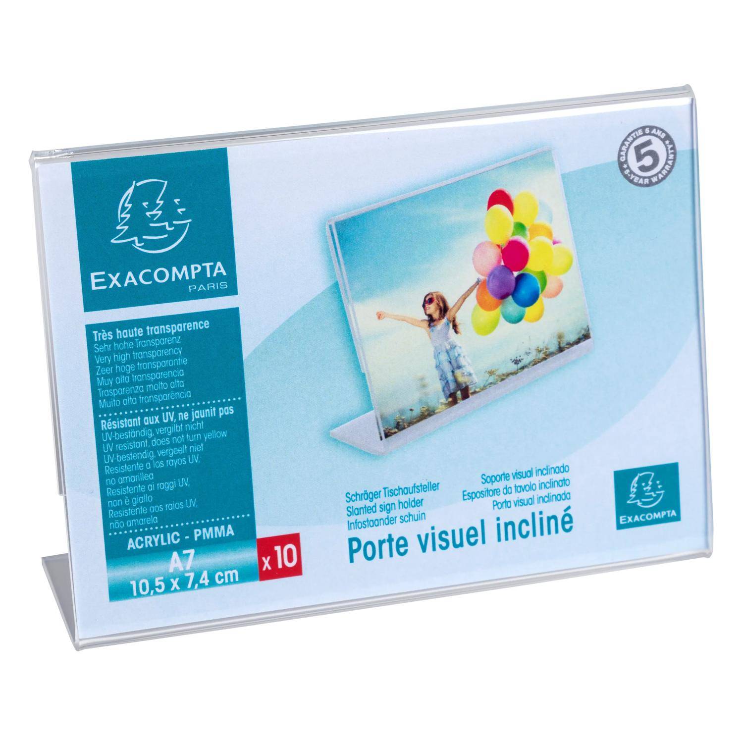 Produktverpackung für ein Exacompta A7-Acryl-Displayständer mit Neigung, gezeigt mit Foto und Ballonen, mit „x10"-Menge und 5-Jahres-Abzeichen.