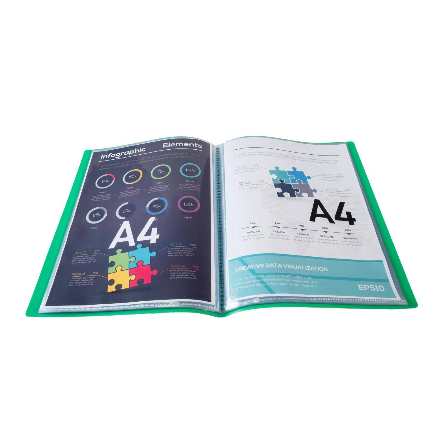 Offenes Magazin auf weißem Hintergrund, das zeigt ein A4-Infografik-Layout und farbige Puzzle-Grafiken auf beiden Seiten.