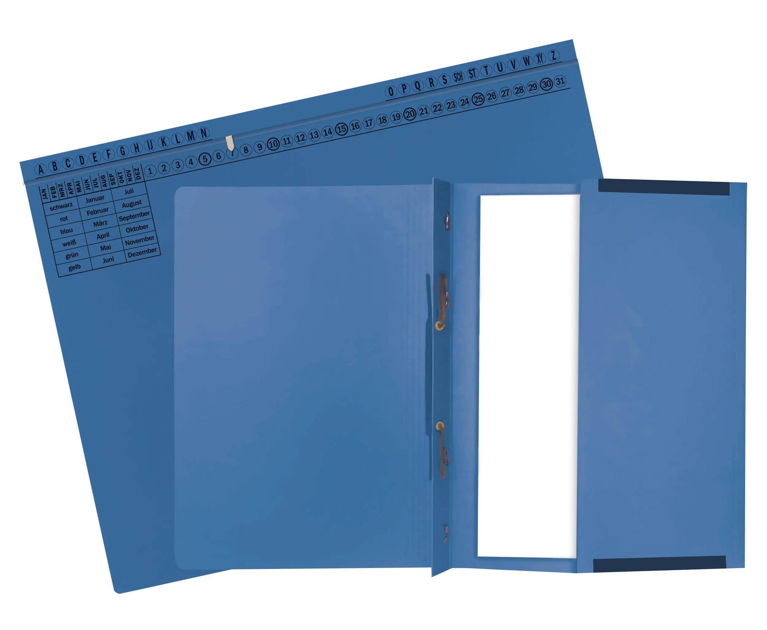 Blauer Ordner mit alphabetischen Reitern und Beschriftungen: Name, Klasse, Objekt, Jahr, Ort, Dokument.
