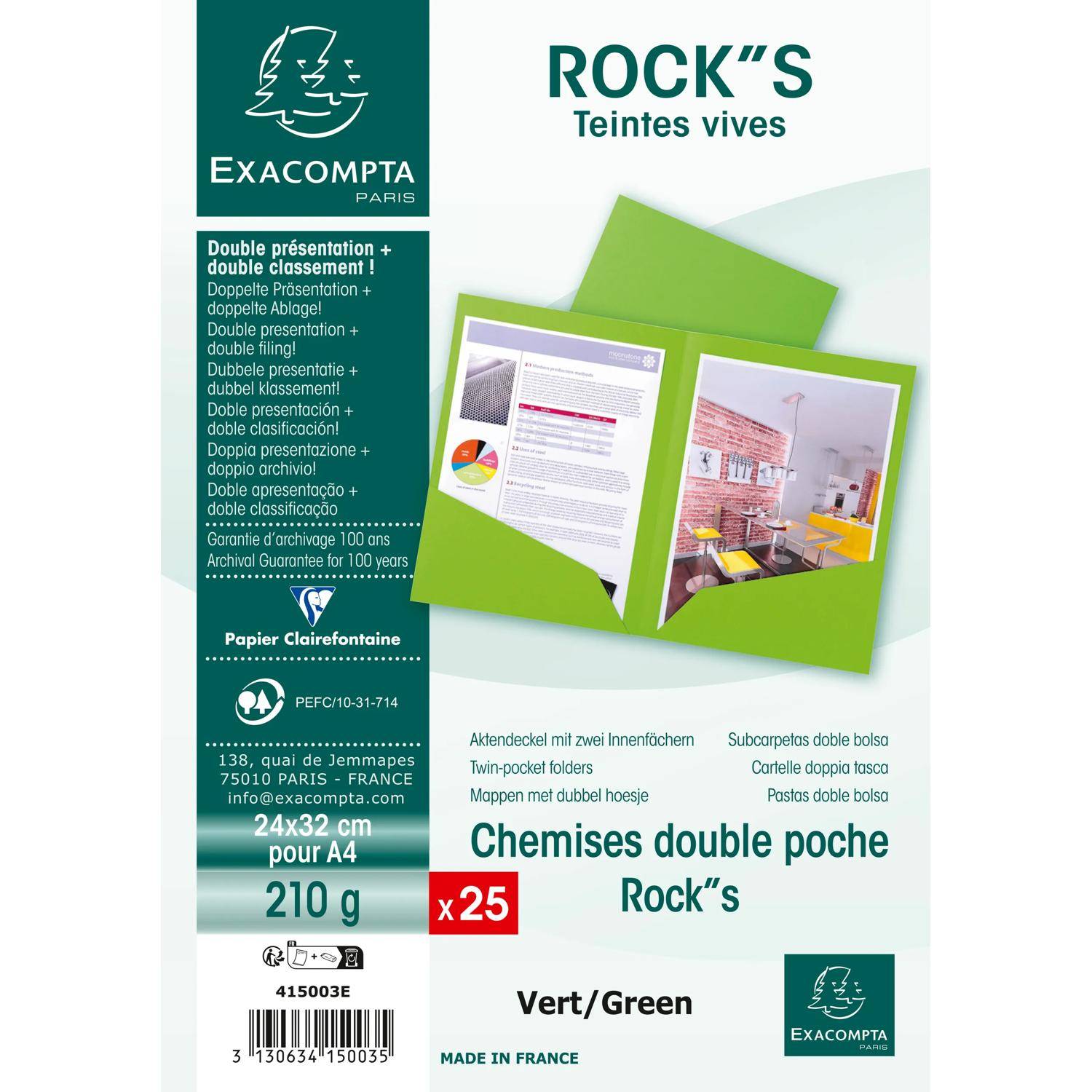 Exacompta 10x Pack 25 Aktenmappe, 2 Innenfächer, A4 oder A3, Grün, 415003E