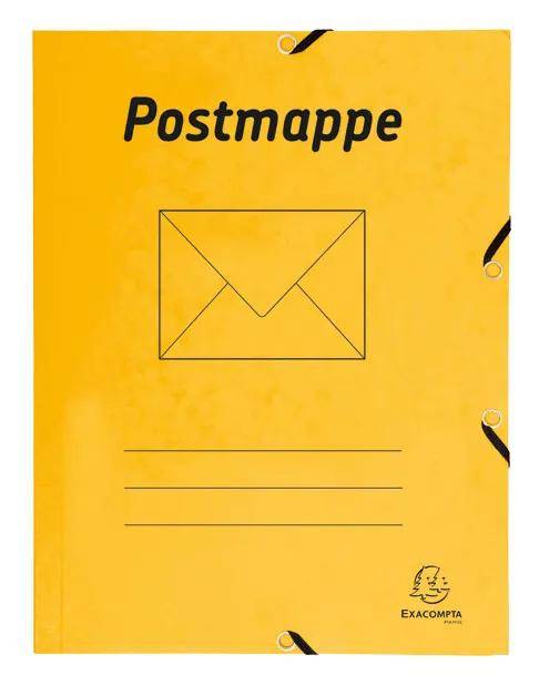 Gelber Postmappe-Ordner mit schwarzem Umschlagsymbol und Beschriftungszeilen, mit EXACOMPTA-Logo, zum Organisieren von Dokumenten.