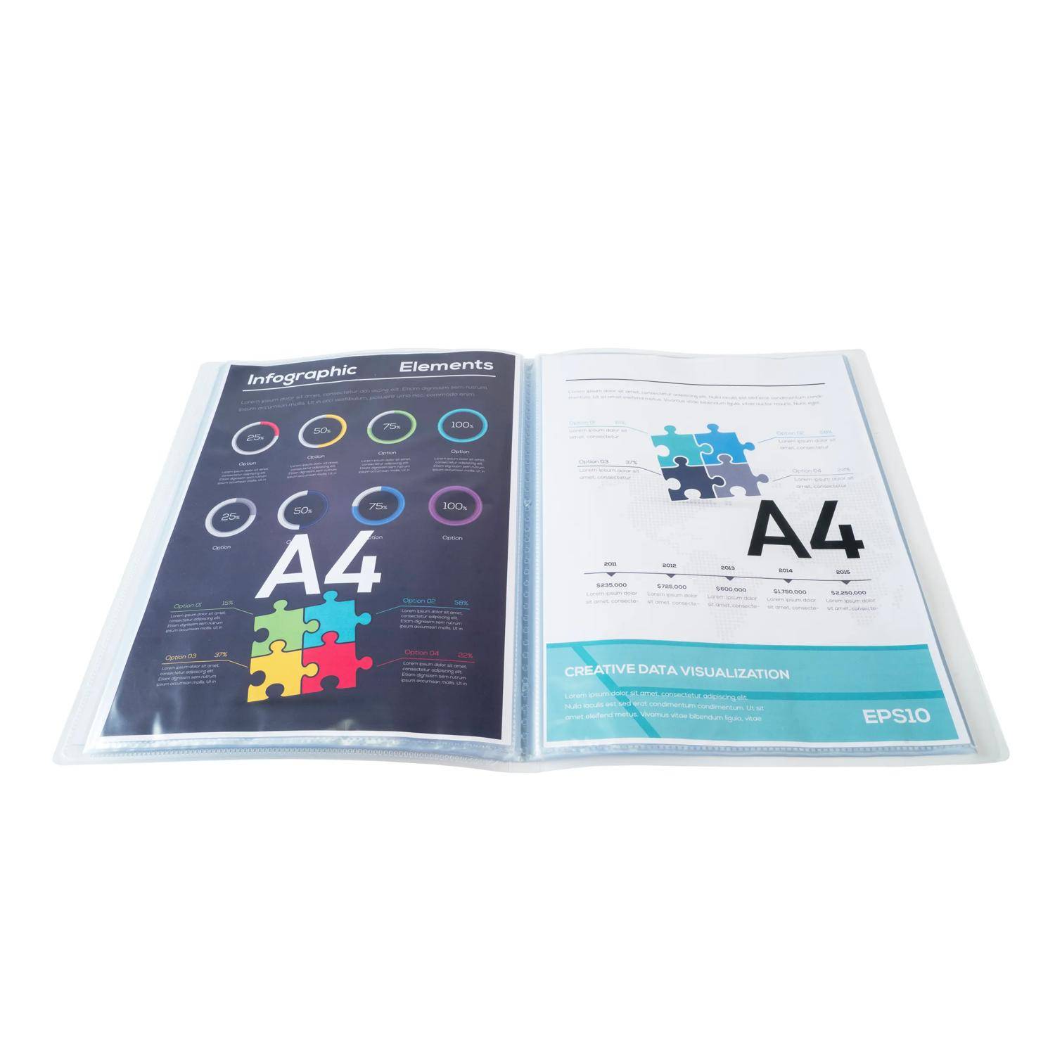 # Offene Broschüre mit zwei A4-Infografik-Designseiten, eine dunkel und eine weiß, mit Diagrammen, Puzzle-Grafiken und Text „CREATIVE DATA VISUALIZATION".