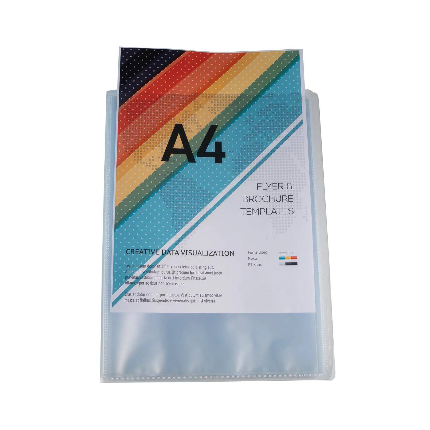 A4-Flyer- und Broschürenvorlagen-Paket in einer durchsichtigen Kunststoffhülle, mit einem farbenfrohen diagonalen Umschlag mit der Bezeichnung „A4" und „FLYER- & BROSCHÜRENVORLAGEN"".