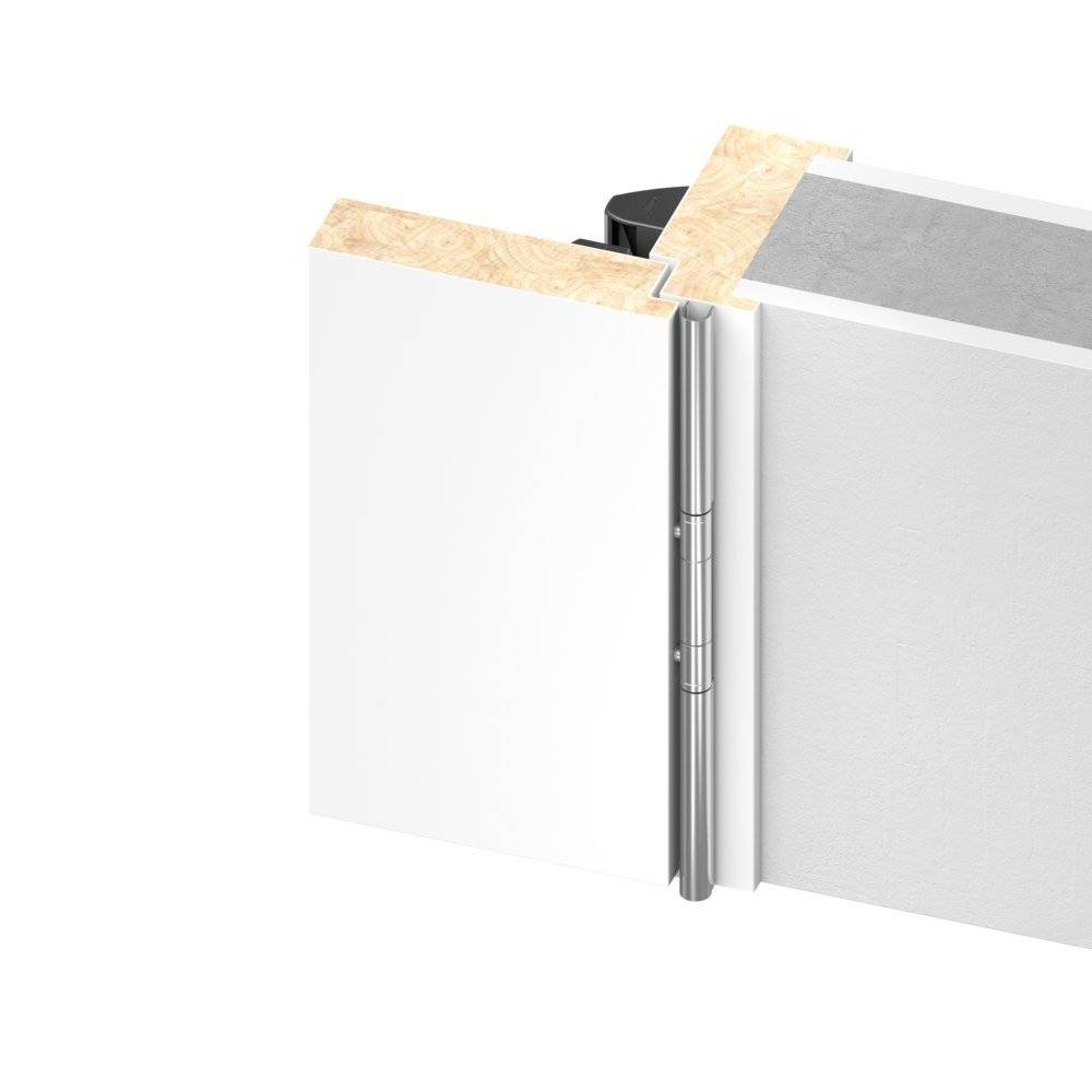 Türscharnier-Querschnitt mit Installation zwischen Holzplatte und Gipskarton, Darstellung der Scharnier-Platzierung und Plattenstruktur.