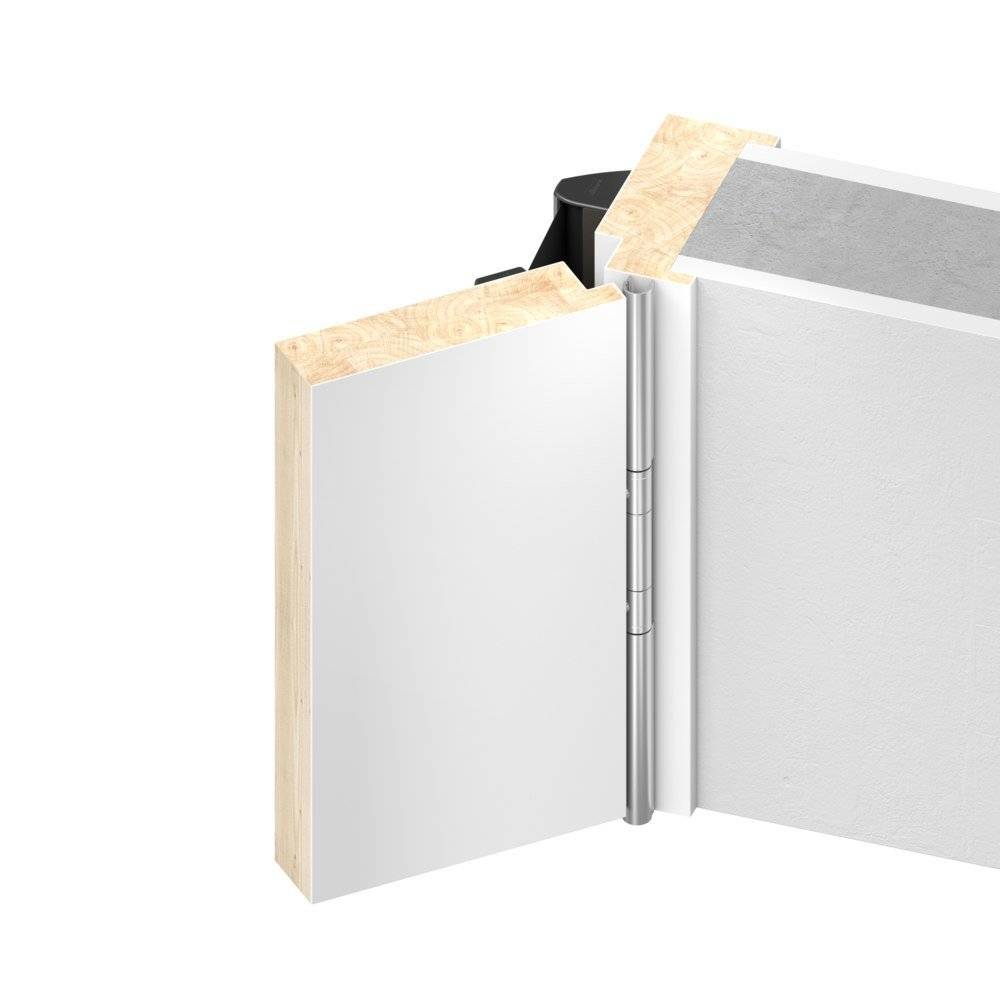 Metallisches Scharnier in Holz eingebettet zwischen zwei Paneelen, das die Panelverbindung veranschaulicht.