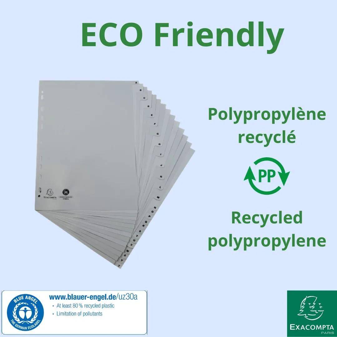 Umweltfreundliche Trennblätter aus recyceltem Polypropylen, fächerförmig ausgebreitet, beschriftet mit „Polypropylène recyclé" und „Recycled polypropylene"" mit PP-Recycling-Symbol.