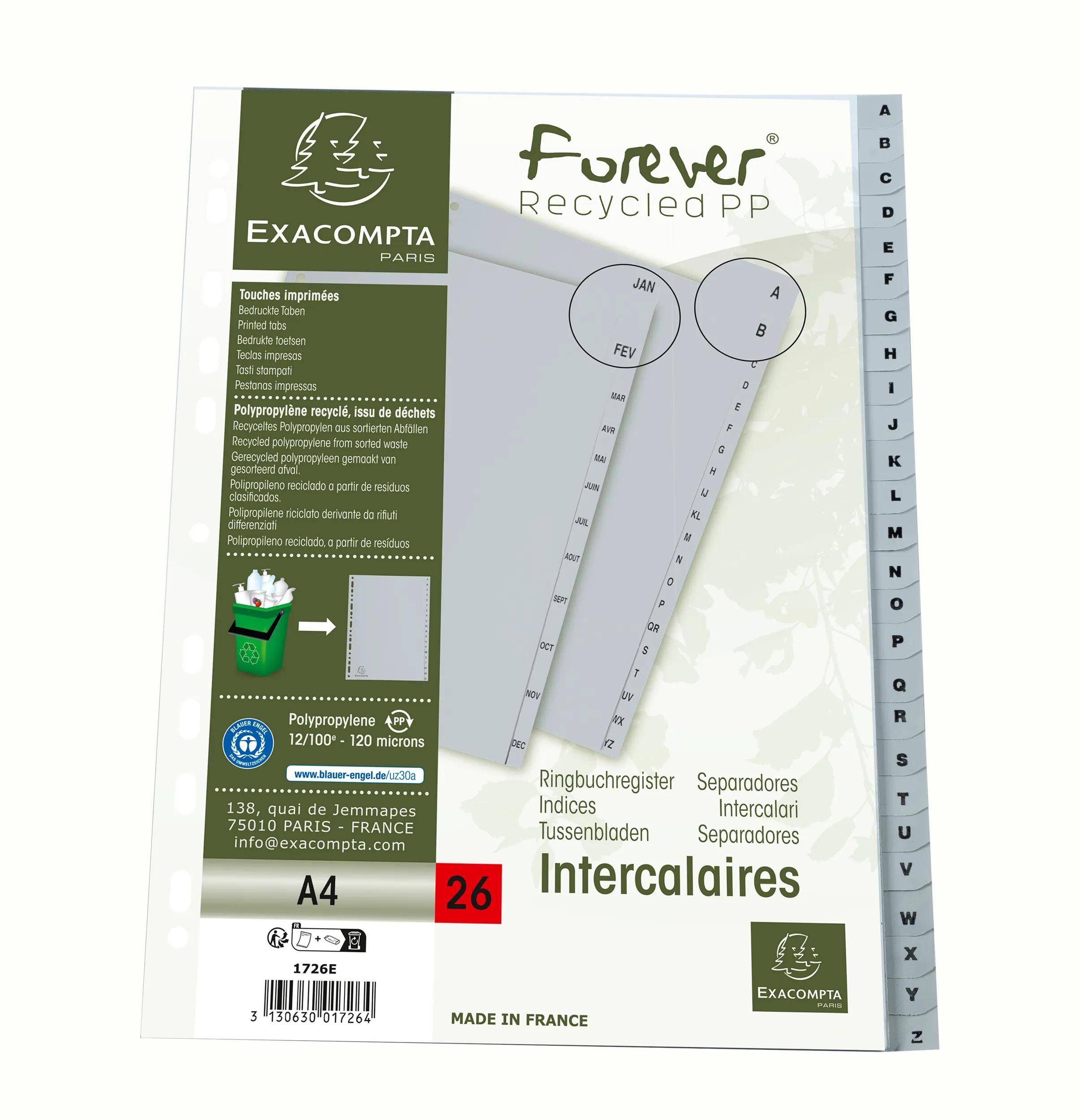 Ein Paket von Exacompta "Forever Recycled PP"" A4 Registerkartenteiler, der 26 alphabetische Reiter und recyceltes Polypropylen-Beschriftung zeigt.