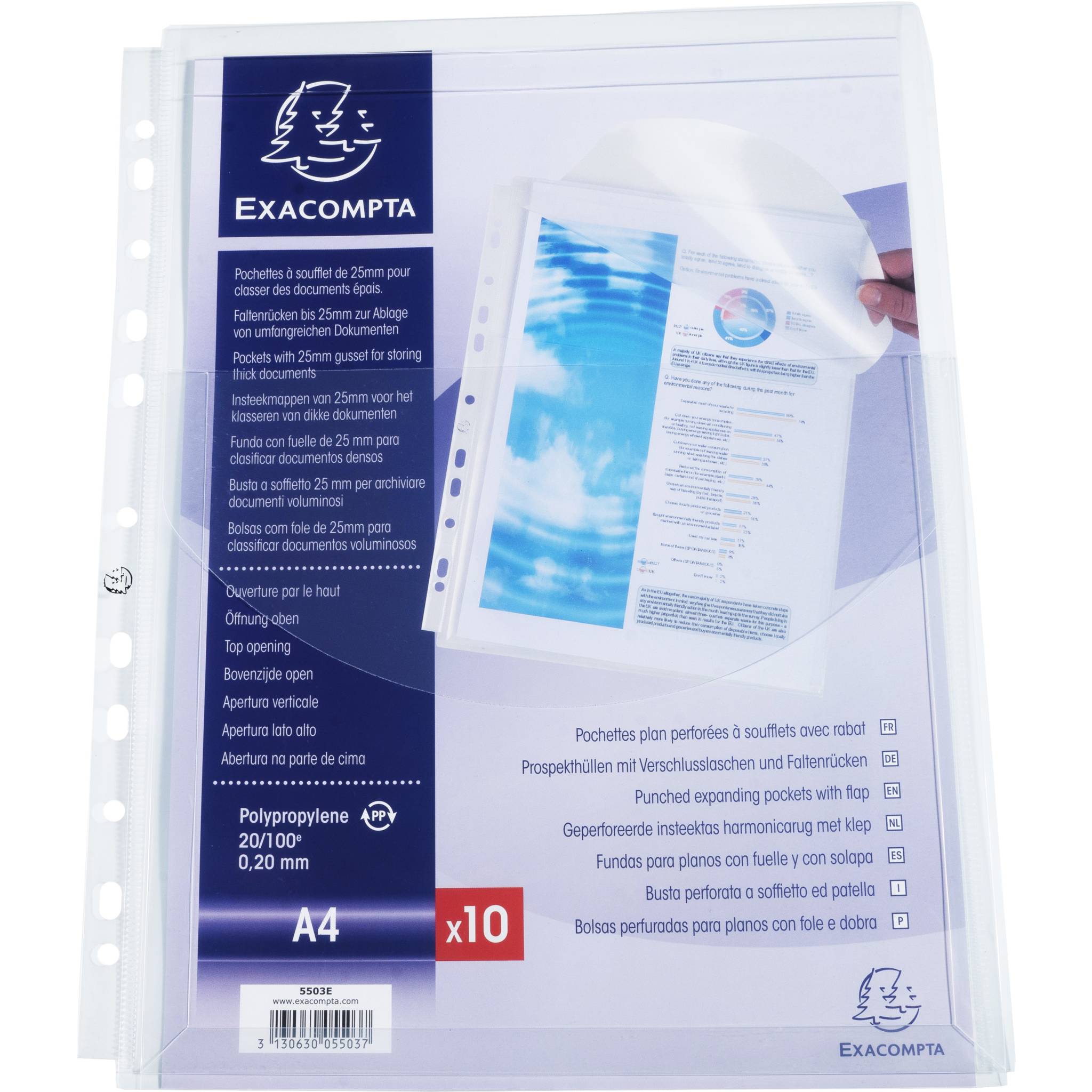 Exacompta 5x 10 Schutzhüllen oben geöffnet 25mm Faltenrücken A4 Kristall 5503E