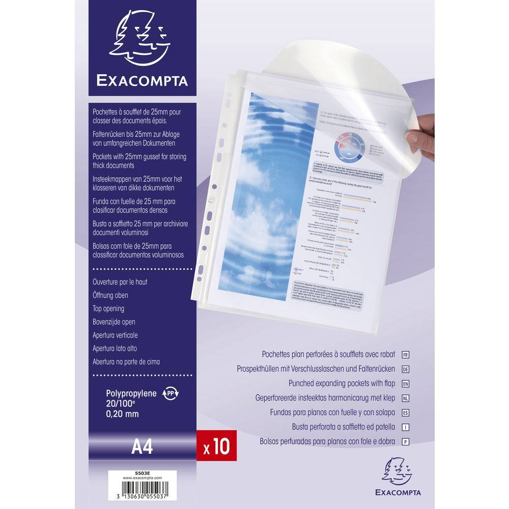 Exacompta 5x 10 Schutzhüllen oben geöffnet 25mm Faltenrücken A4 Kristall 5503E