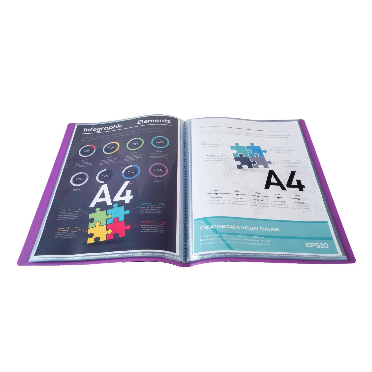 Offenes A4-Booklet oder Broschürenpread mit Infografik-ähnlichen Seitenlayouts mit Diagrammen, Puzzle-Grafiken und "A4""-Text auf weißem Hintergrund.