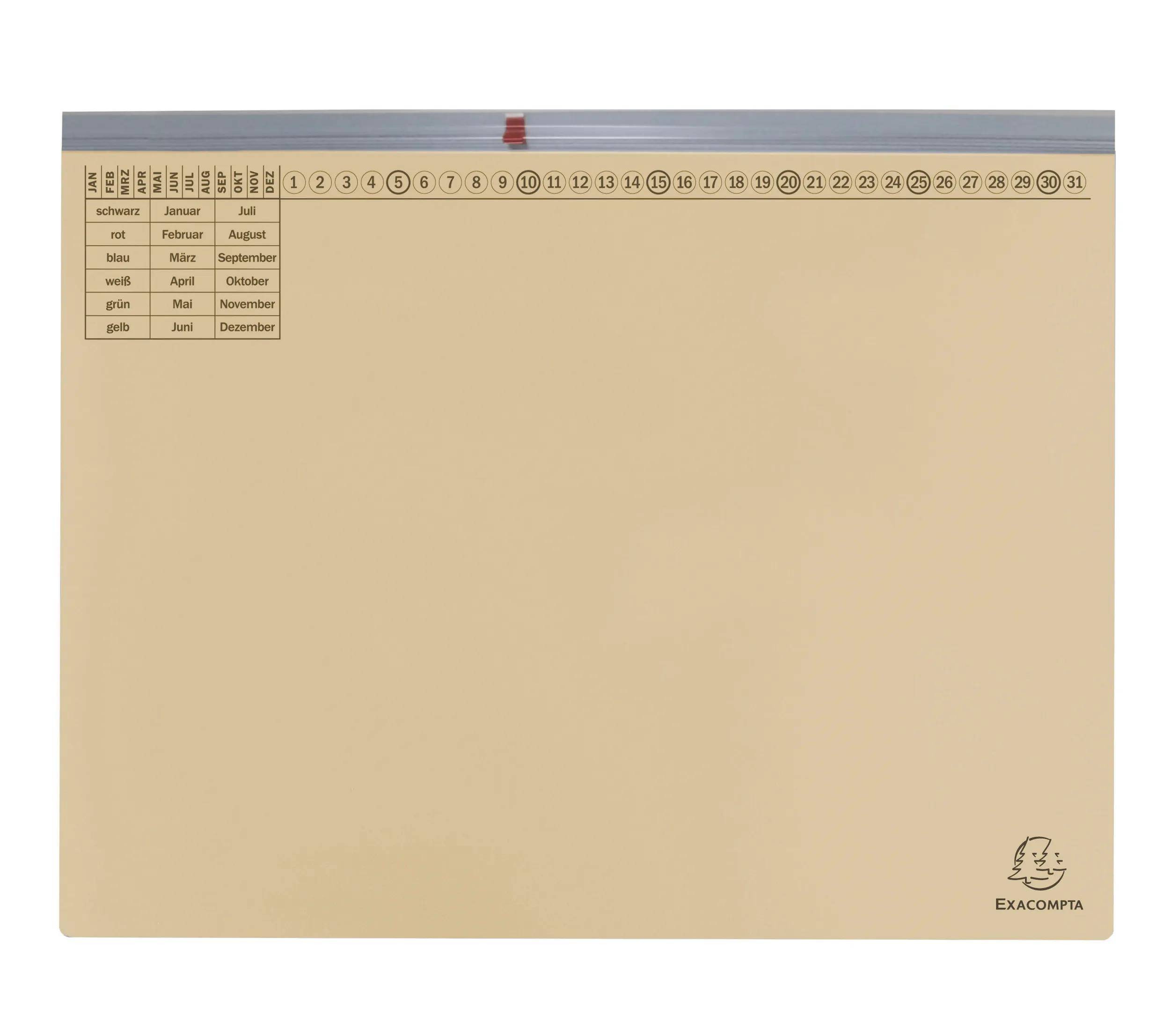 Exacompta beige Monatsplanertafel mit Nummern 1-31 für tägliche Notizen, Monate in deutscher Sprache mit zweisprachiger Farblegende.