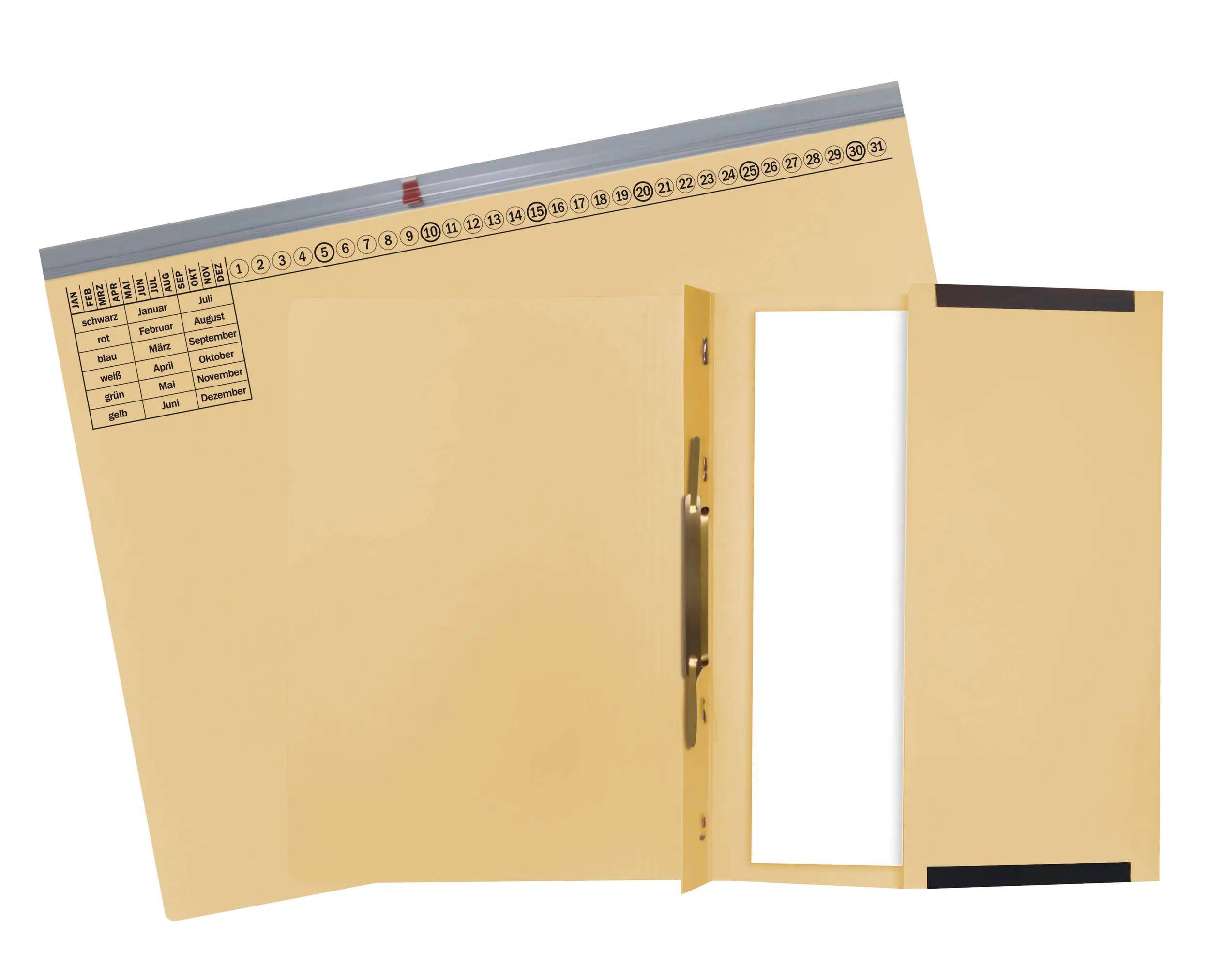 Ein offener Aktenordner mit einer Metallklammer, die weiße Papiere hält, ein sichtbarer Kalender auf der oberen Klappe und eine Registerkarte, die Monate auflistet.